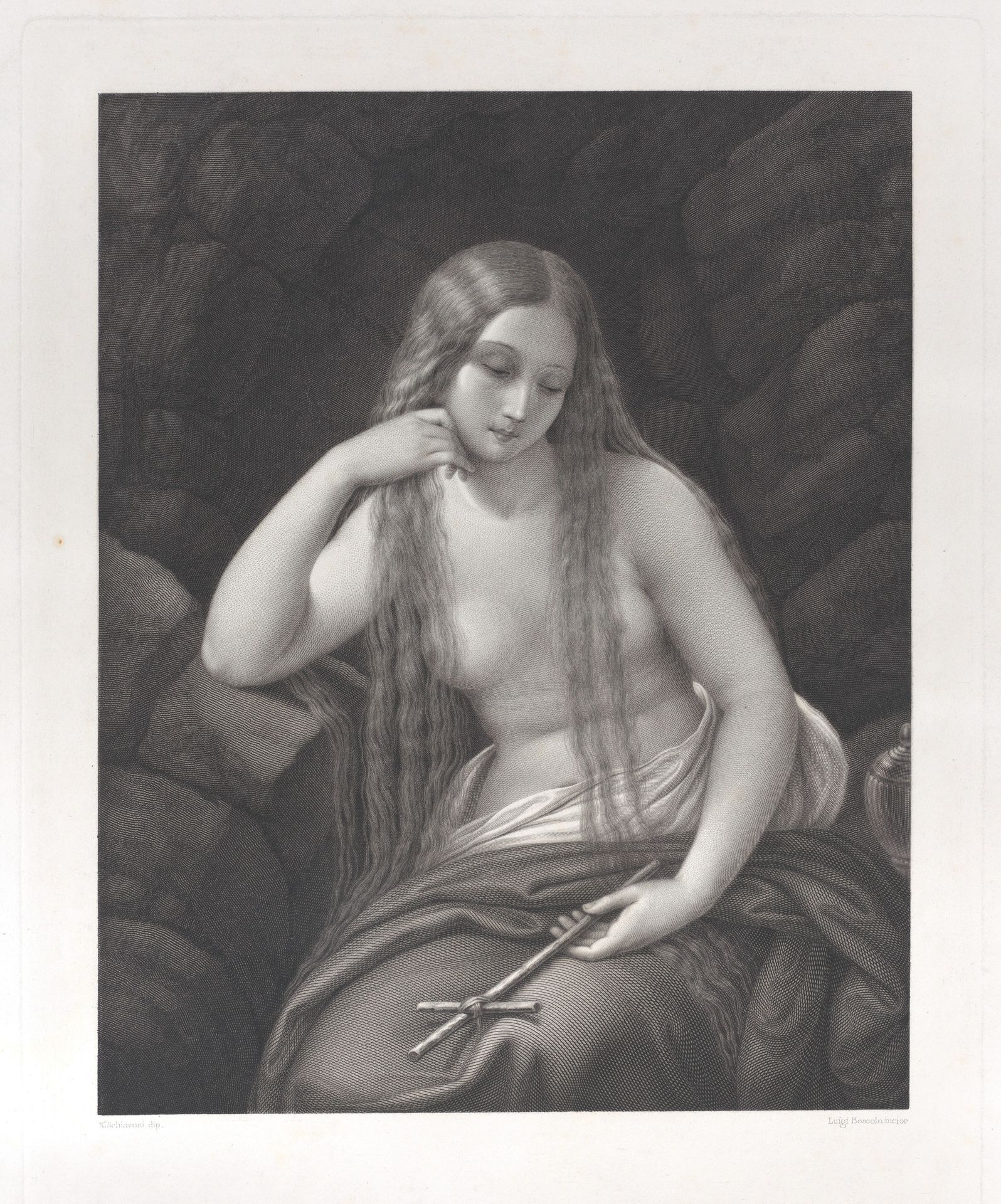 The penitent Mary Magdalene in the wilderness, holding a cross in her left hand by Luigi Boscolo