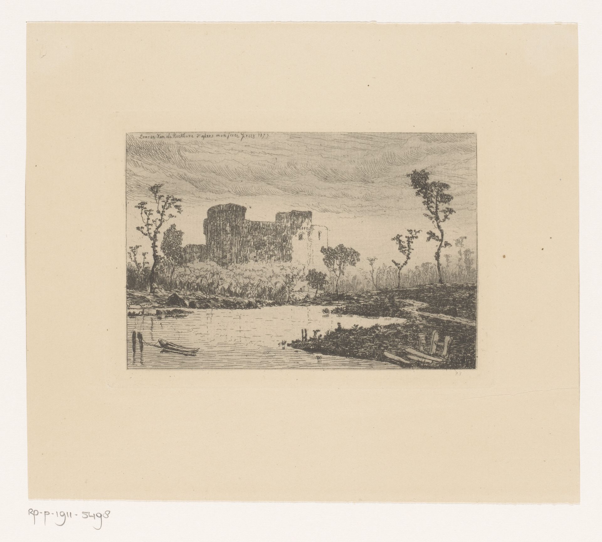 Rivierlandschap met kasteelruïne by Louise Van de Kerkhove