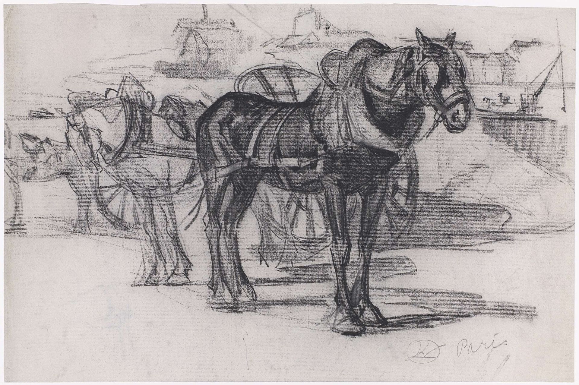 Studie van paarden voor een zandkar te Parijs by Gerrit Willem Dijsselhof