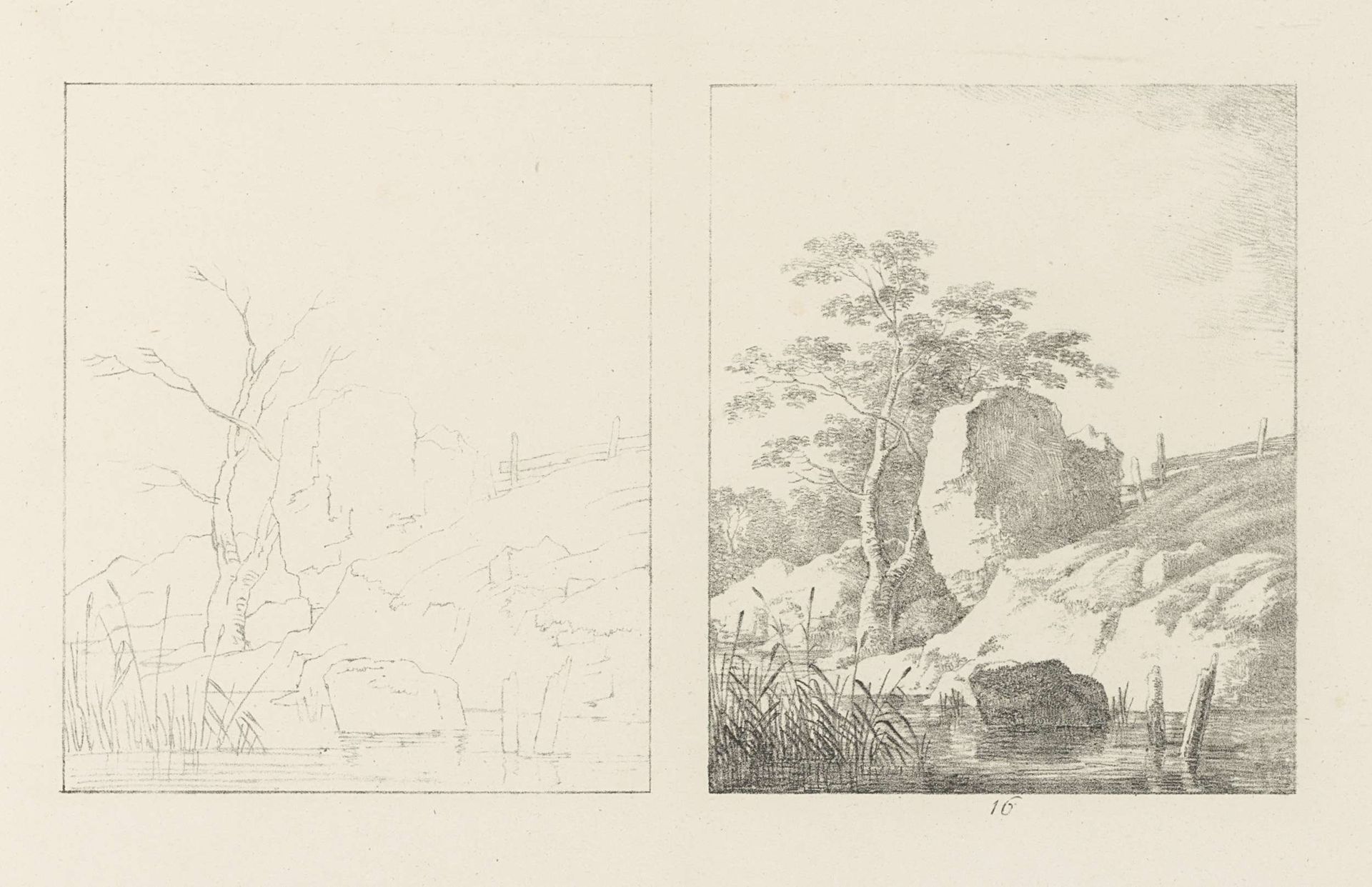 Albumblad met twee voorstellingen van een stilstaand water, waarin reflecties van diverse objecten te zien zijn: links het ontwerp, rechts de uitvoering by Max Josef Wagenbauer