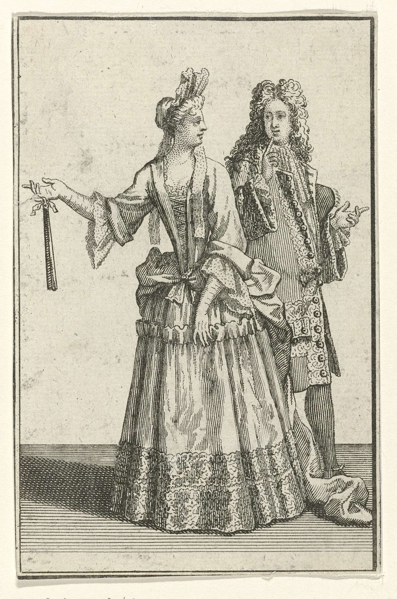 Vrouw in manteau en man in justaucorps by Bernard Picart