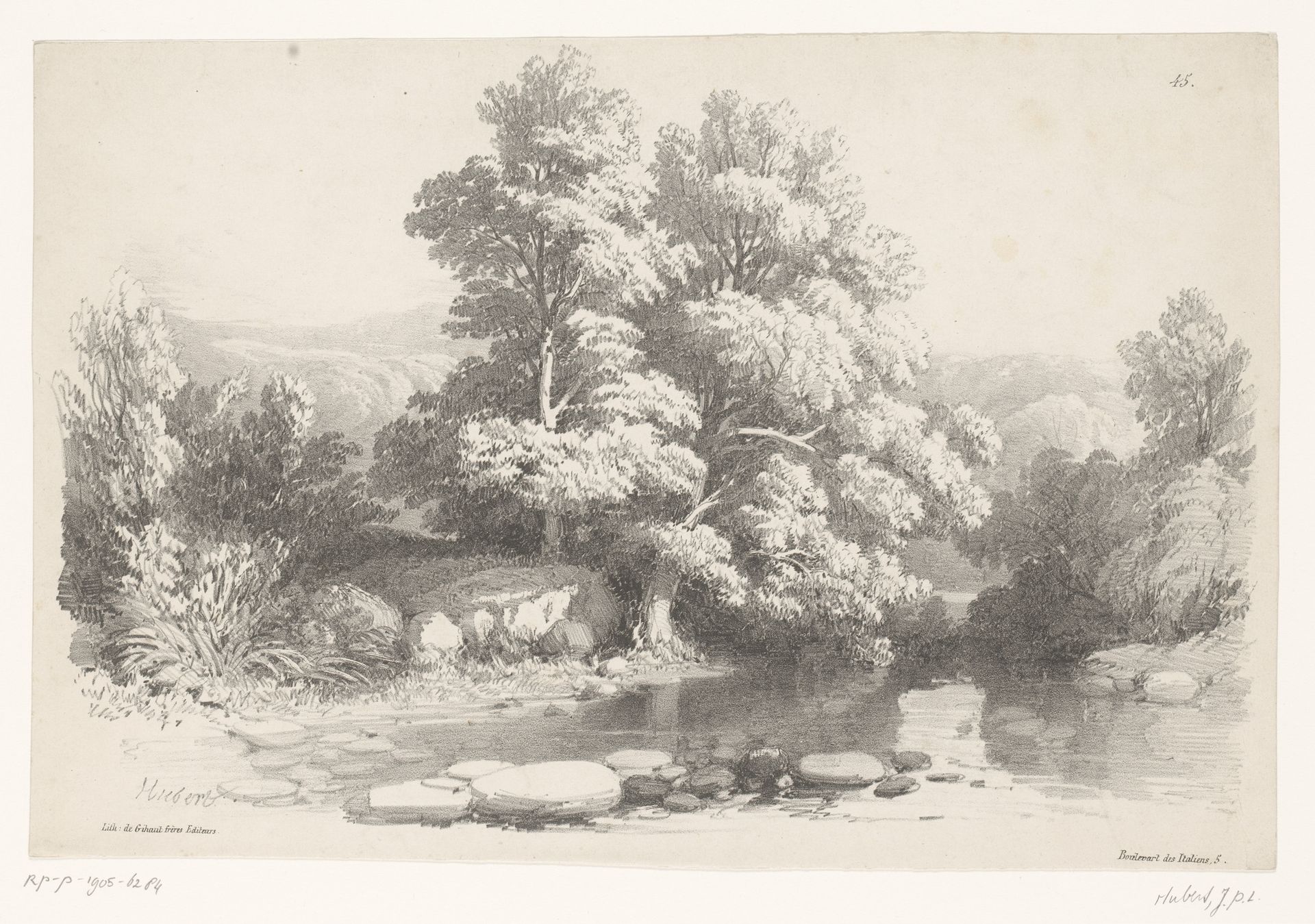 Berglandschap met bomen en vijver by Jean Baptiste Louis Hubert