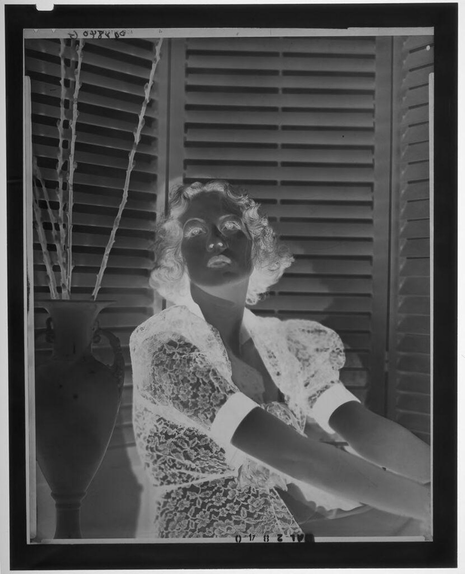 Untitled (woman in lacy dress seated in front of window with blinds) by Paul Gittings
