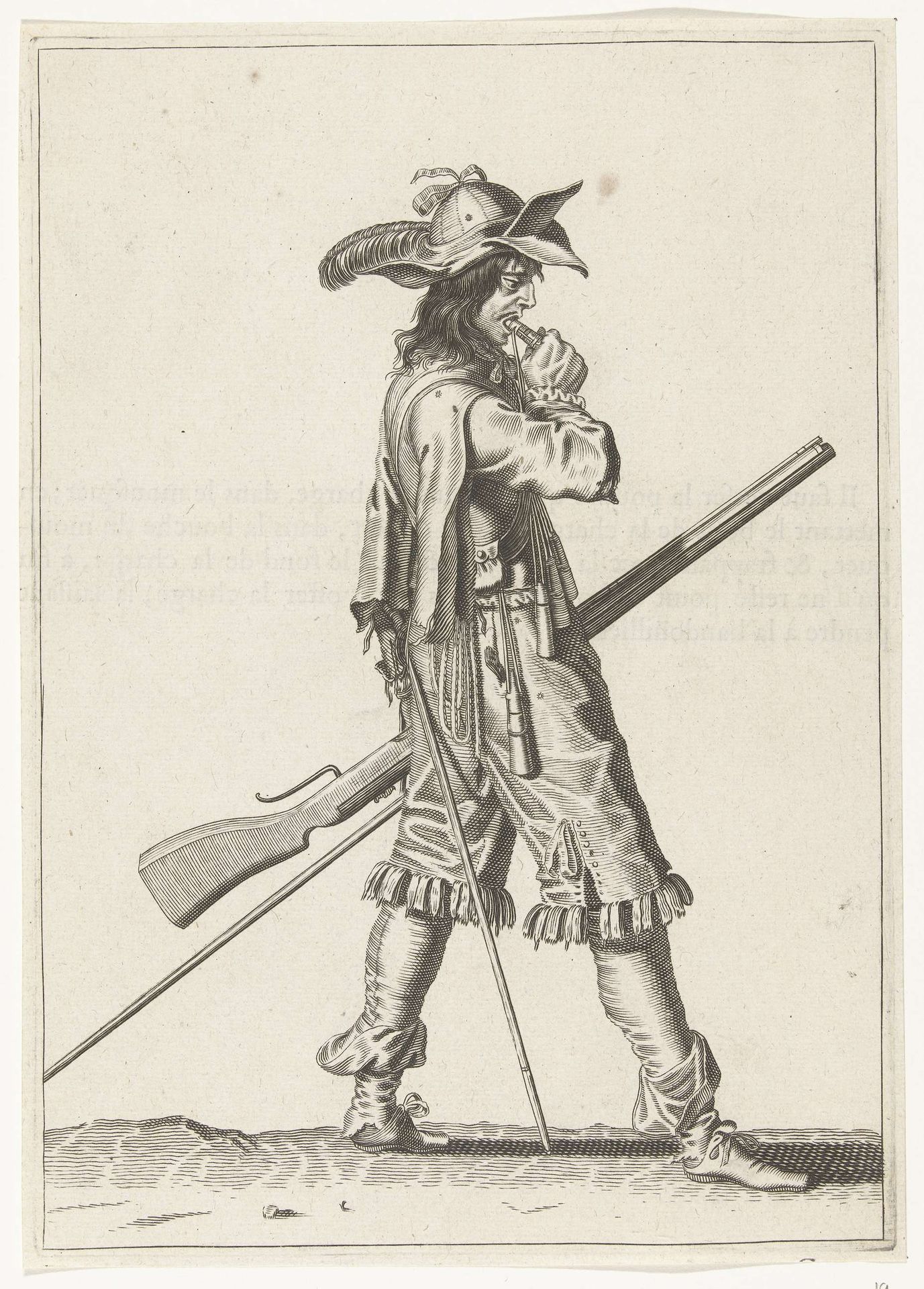 Soldaat met een musket die een kruitmaat met zijn mond opent, ca. 1645 by Petrus Rucholle