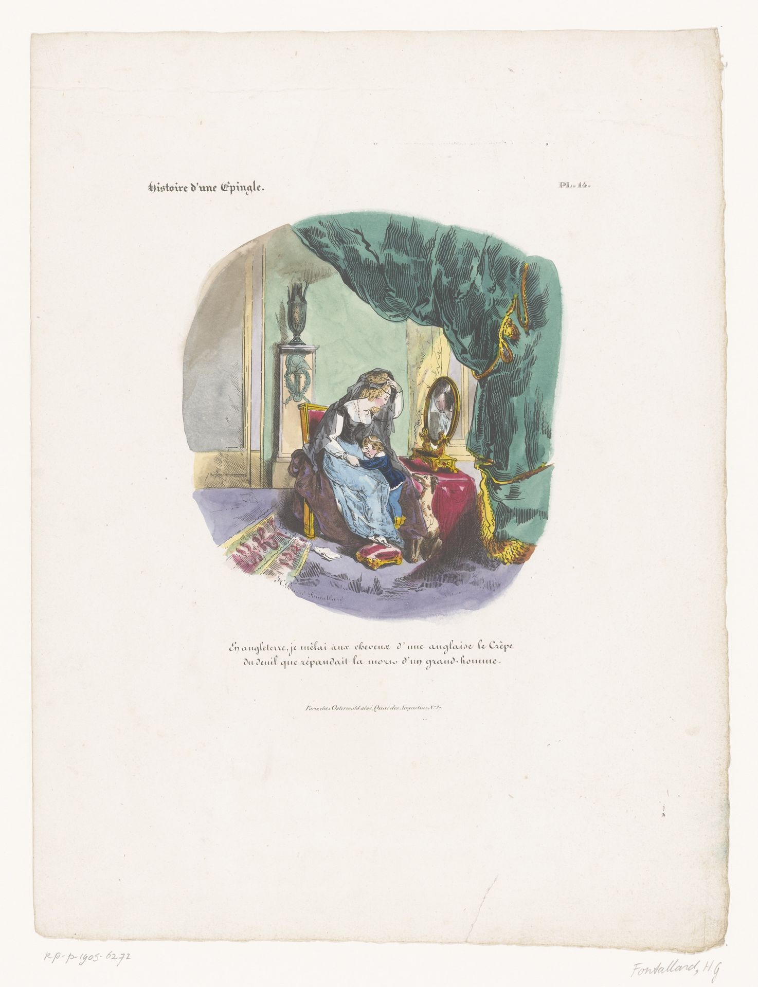 Engelse vrouw zet rouwsluier vast in het haar by Henri-Gérard Fontallard