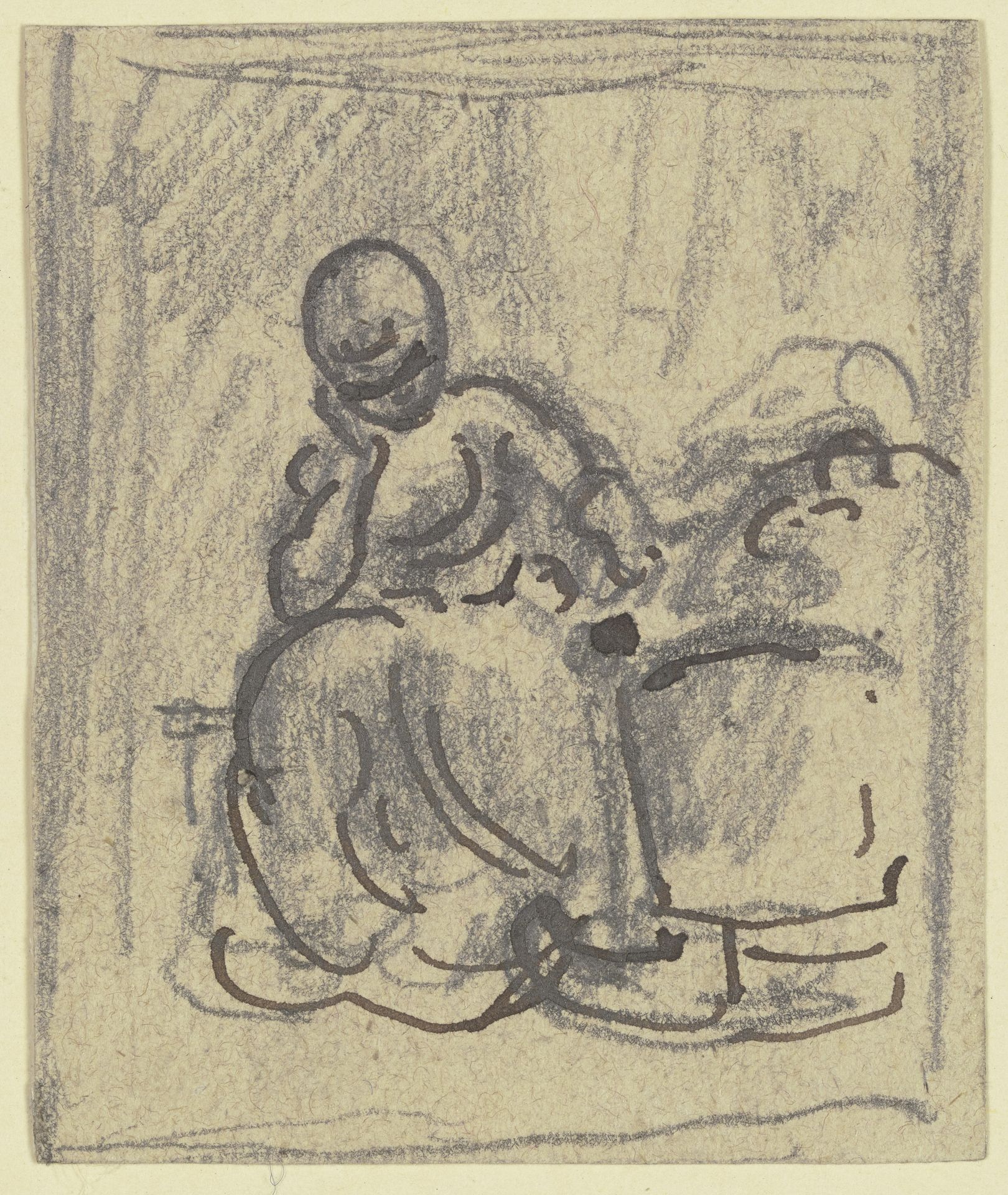 Frau, mit aufgestütztem Kopf an einer Wiege sitzend by Philipp Rumpf