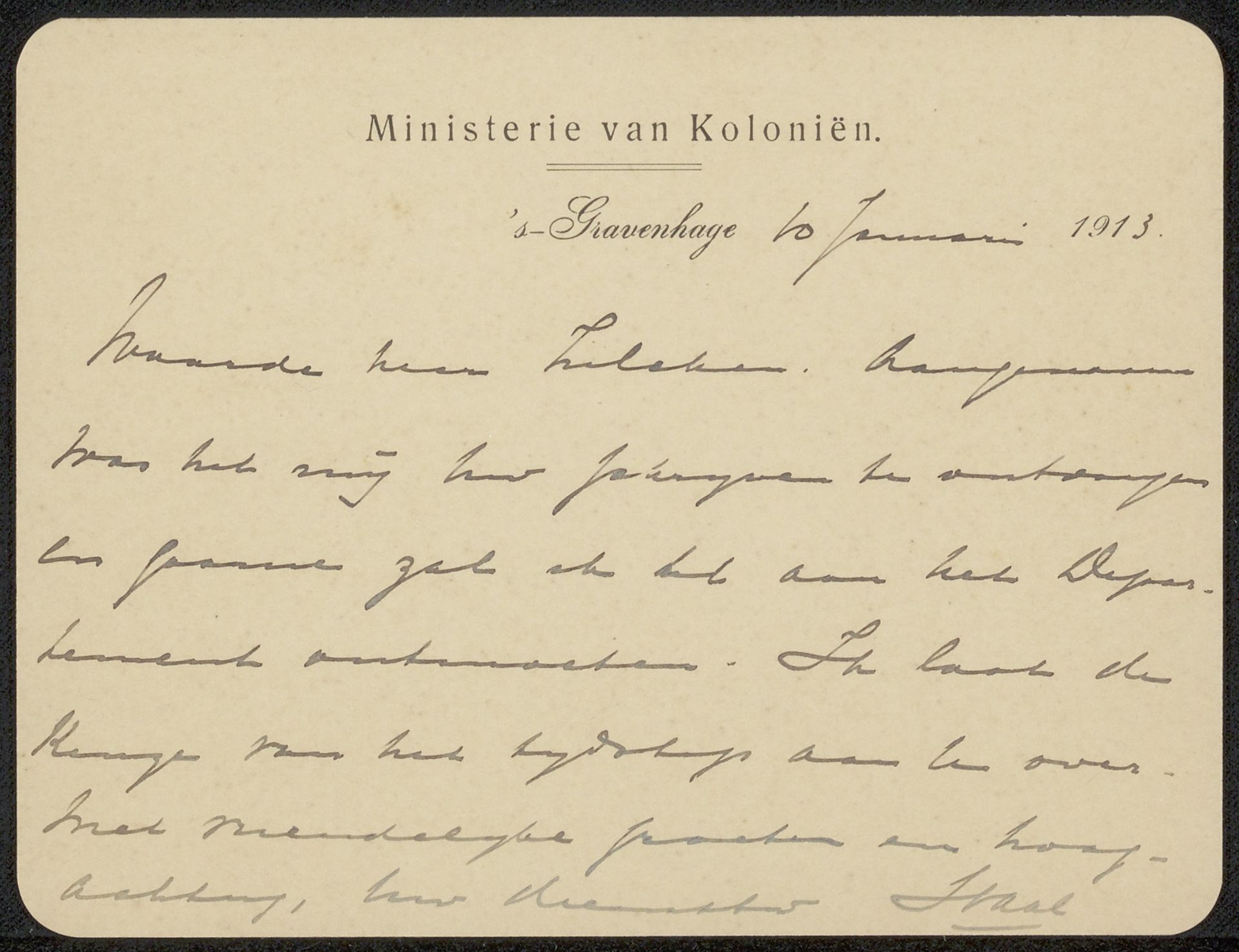 Brief aan Philip Zilcken by Ministerie van Koloniën