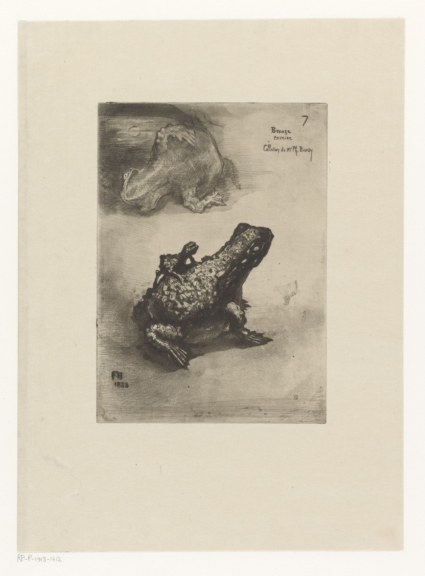 Twee aanzichten van een bronzen inktpot in de vorm van een pad by Félix Hilaire Buhot
