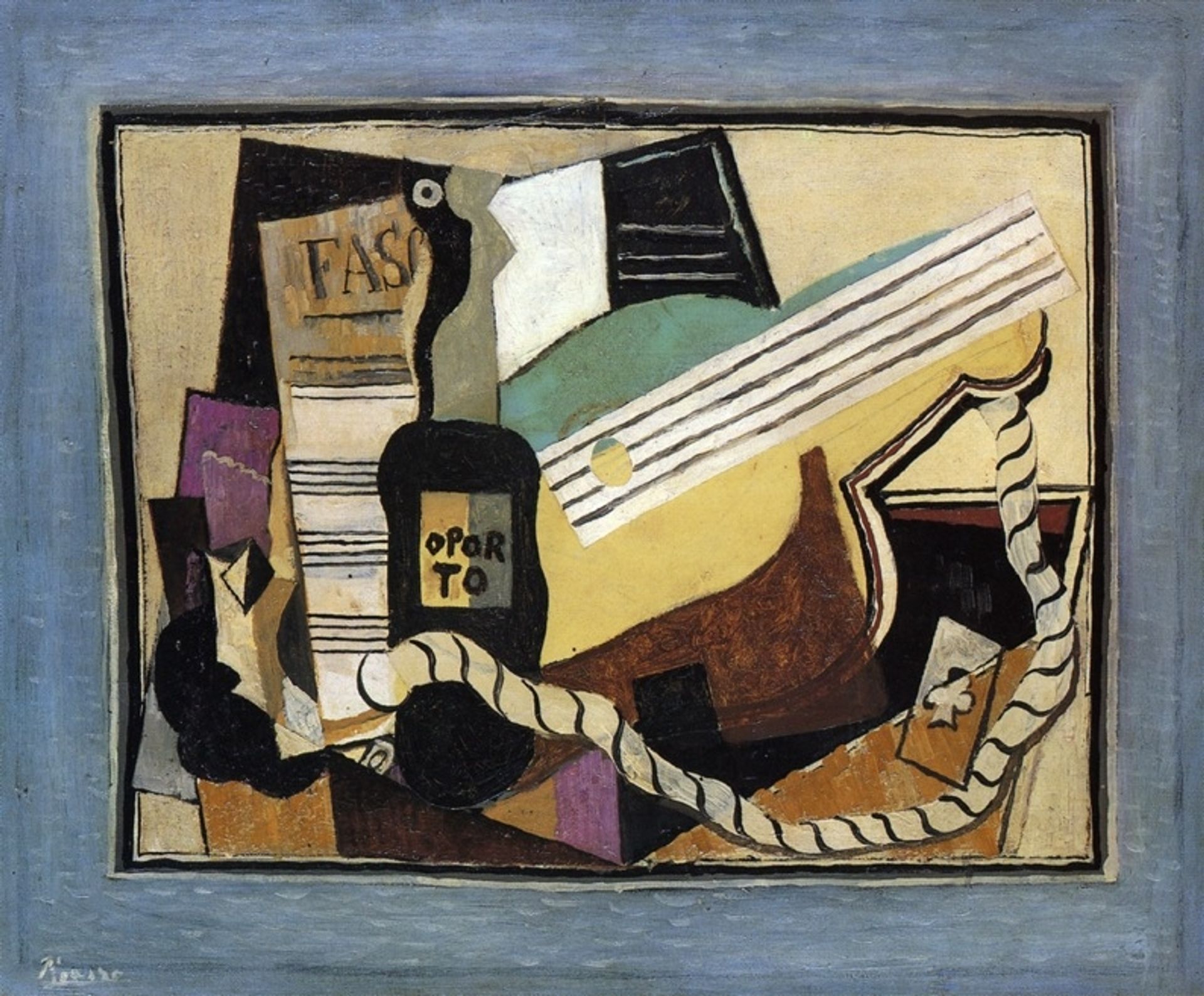 Partition, bottle of port, guitar, playing cards by Pablo Picasso