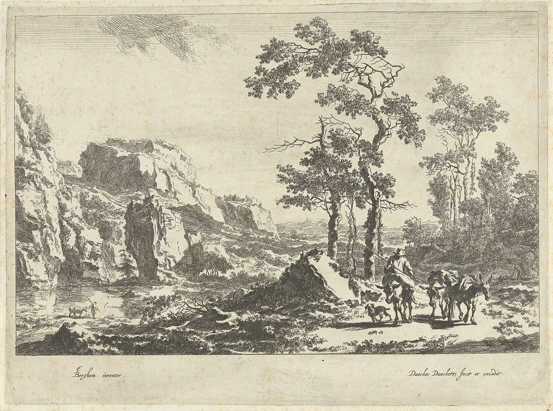 Italiaans berglandschap met drie muilezels en muilezeldrijver by Dancker Danckerts