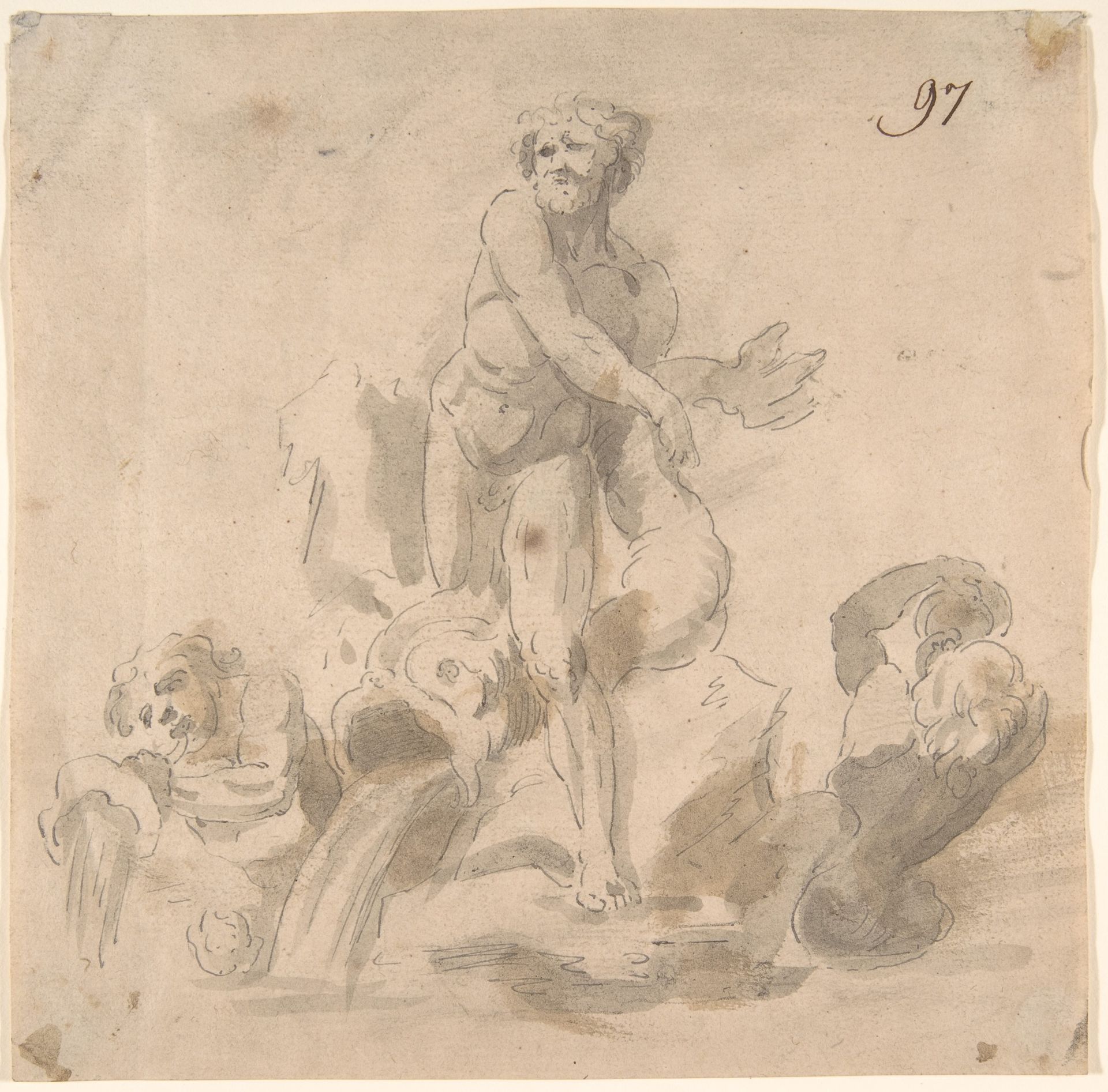 Design for a Fountain with a River God, Dolphins and other Figures by Anonymous