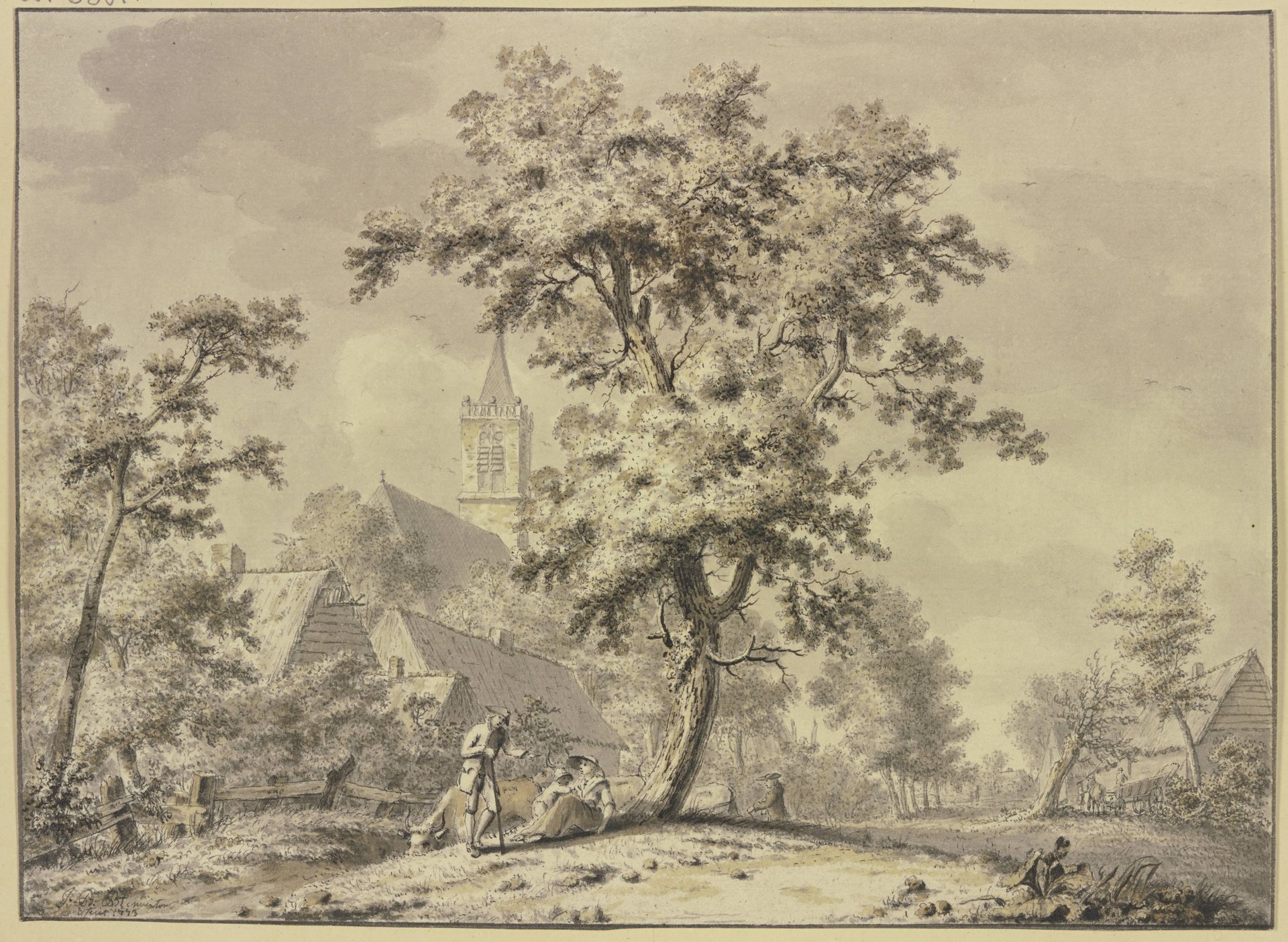 Unter einem Baum sitzt ein Mann mit Frau und Kind und einigen Kühen by Johan Bernhard Brandhoff