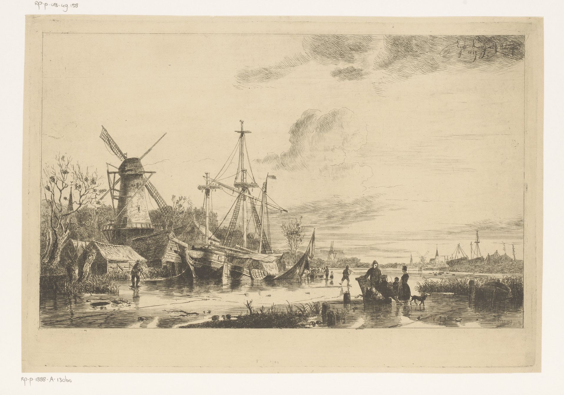 Bij een molen langs een dichtgevroren kanaal in Nederland liggen boten aangemeerd naast een tent op het ijs by Egidius Linnig