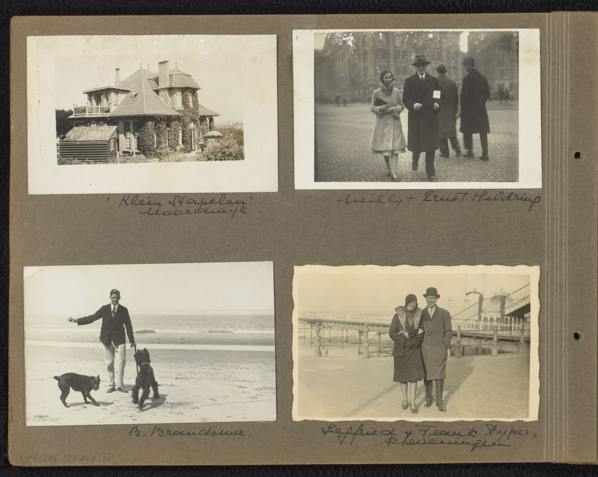 Vrienden van Loentje Furnée, op straat, op een strand, bij de Scheveningse Pier, en een gezicht op een villa in Noordwijk by Carolina (Loentje) Frederika Onnen