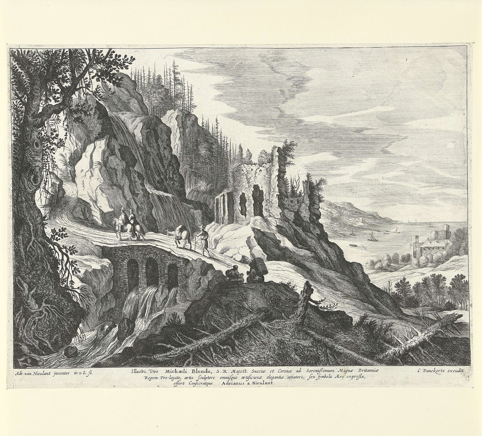 Italiaans landschap met gezicht op een ruïne en de kust by Willem van Lande
