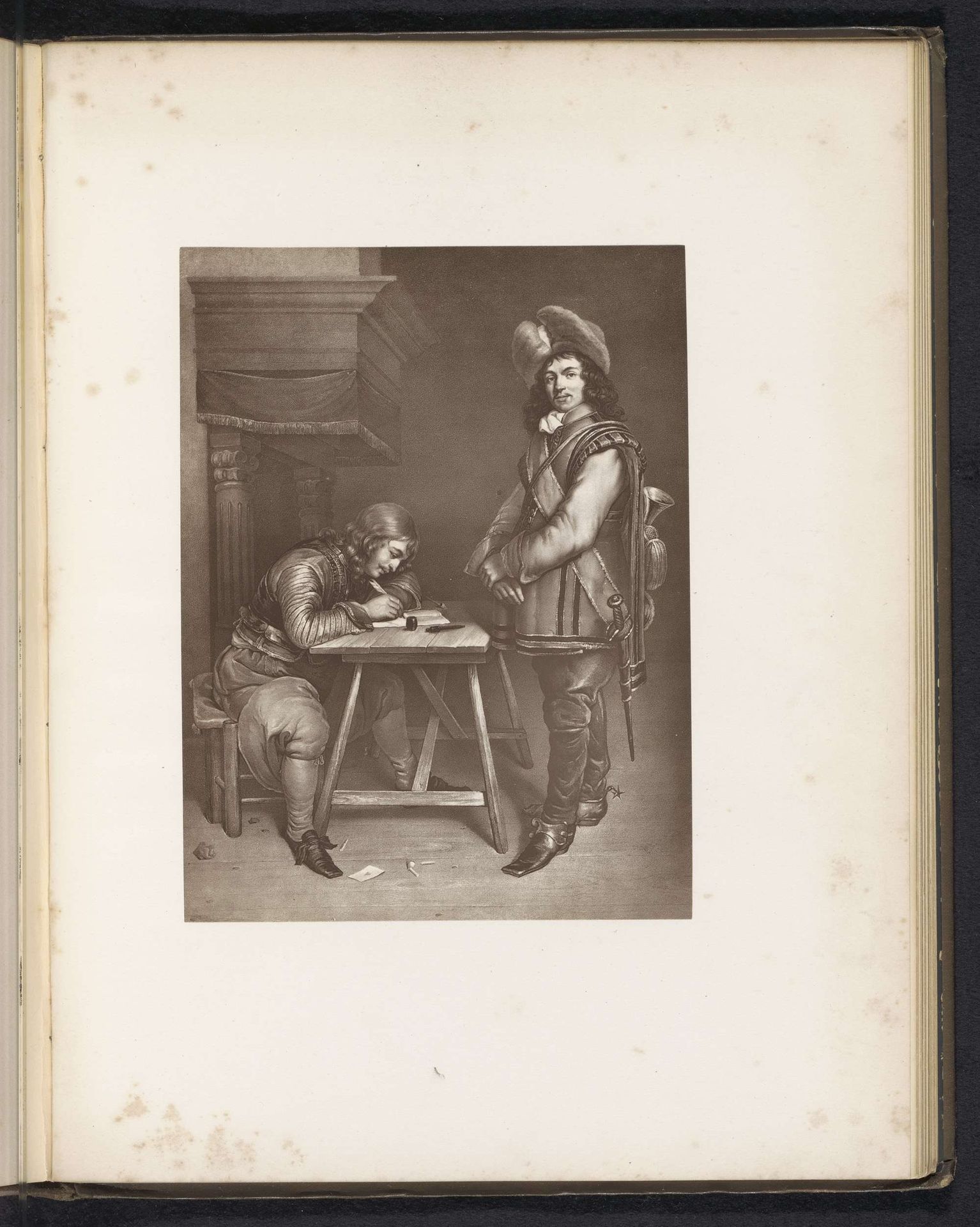 Fotoreproductie van een prent naar een schilderij, voorstellende een officier schrijft een brief en een trompetter by Anonymous
