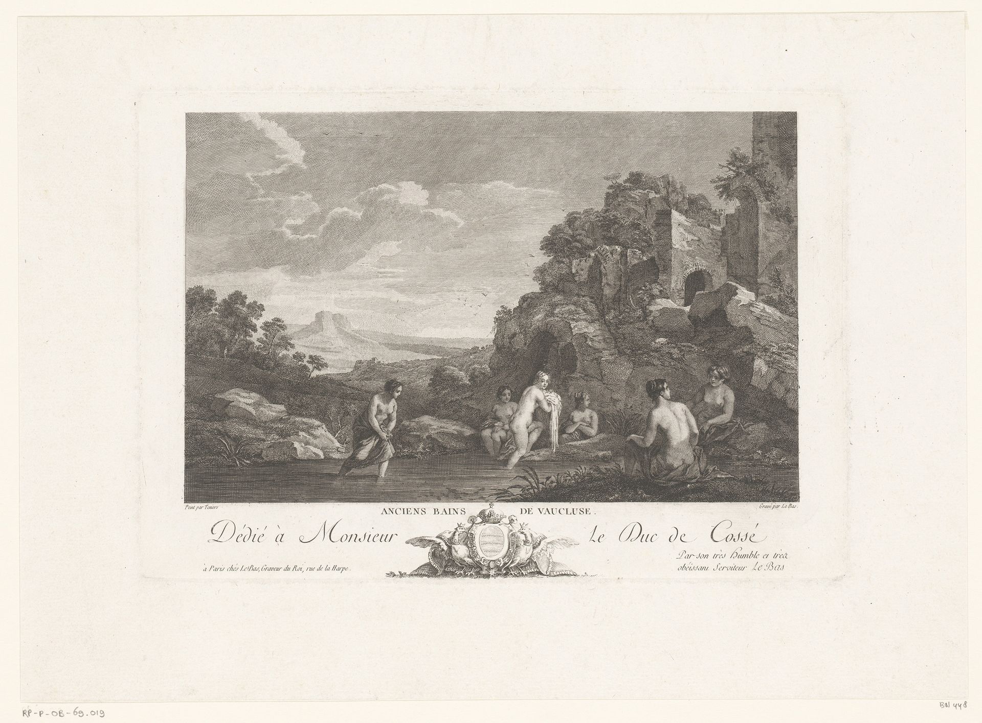 Badende vrouwen bij een ruïne by Jacques Philippe Le Bas