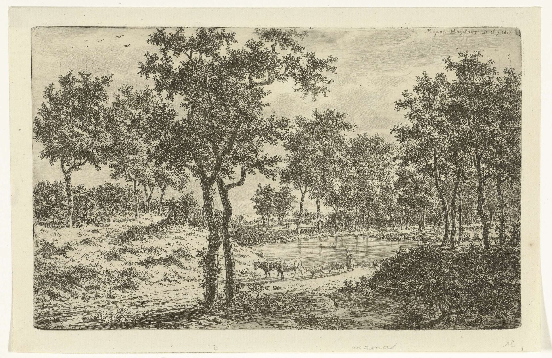 Landschap met herderin en kudde voor een vijver met twee eenden by Ernst Willem Jan Bagelaar