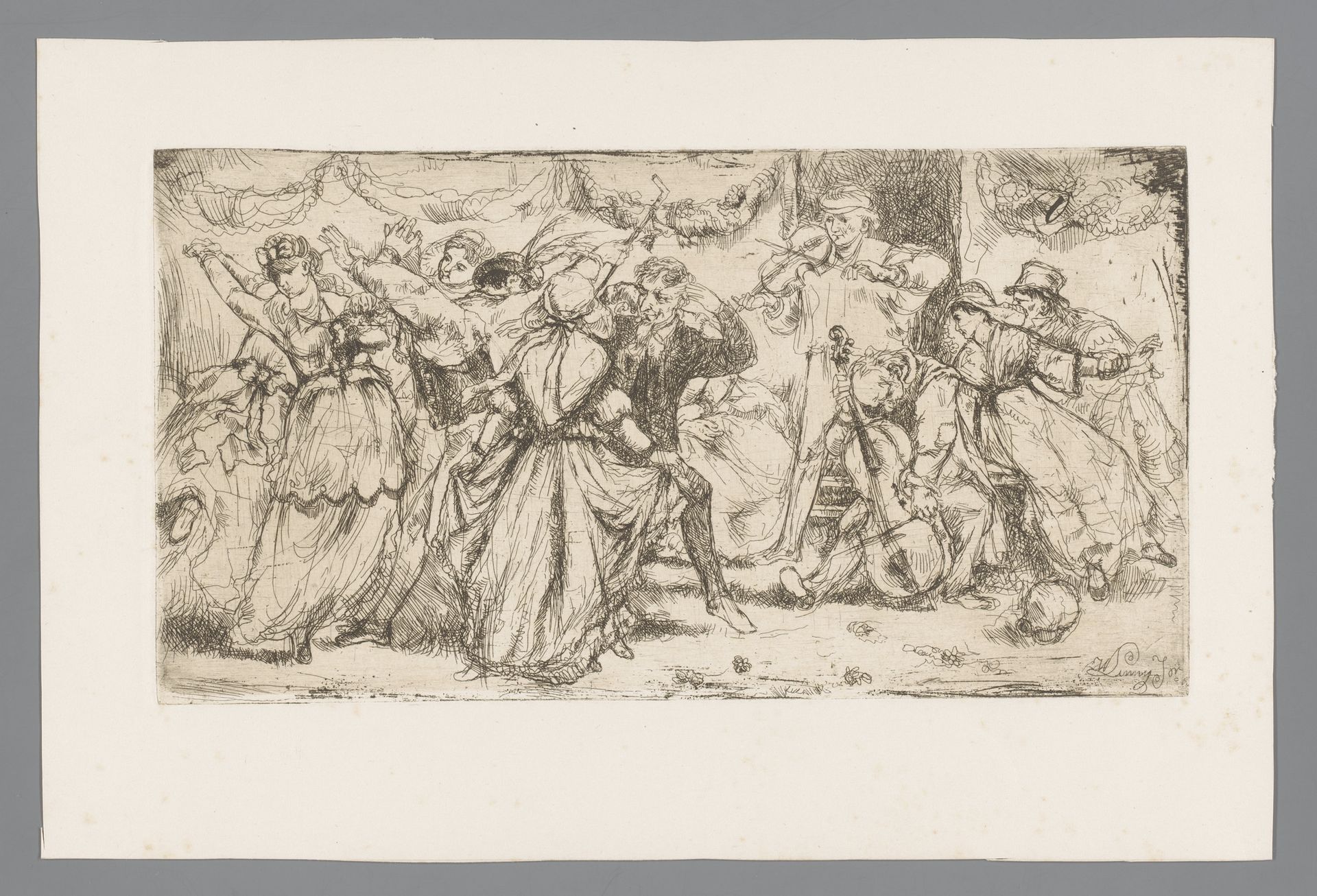 Dansende paren bij een duo strijkers by Willem (II) Linnig