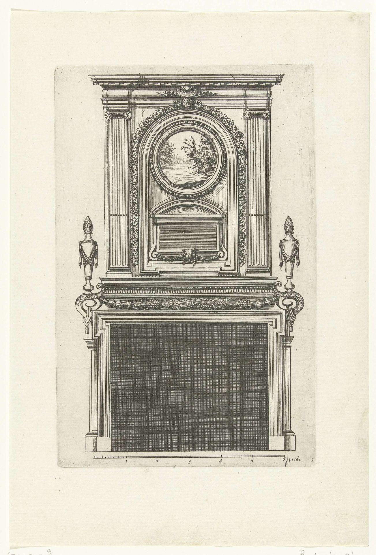 Onderboezem met landschap in rond medaillon by Antoine (le jeune) Pierretz