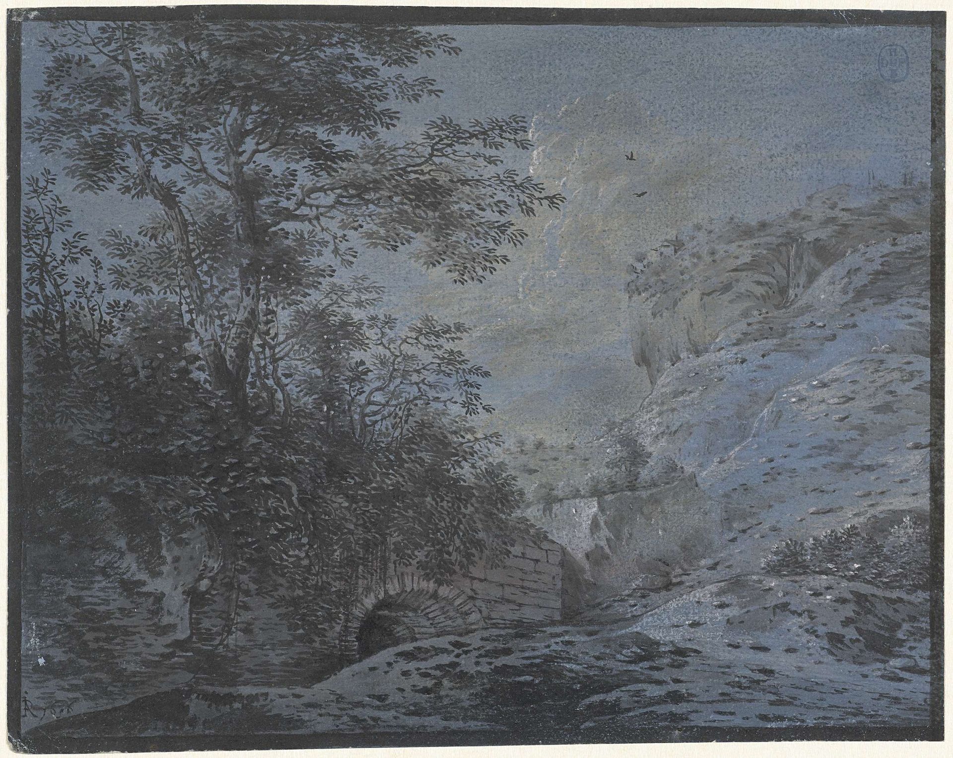 Avondlandschap met overgroeide ruïne by Monogrammist IAR of IAP