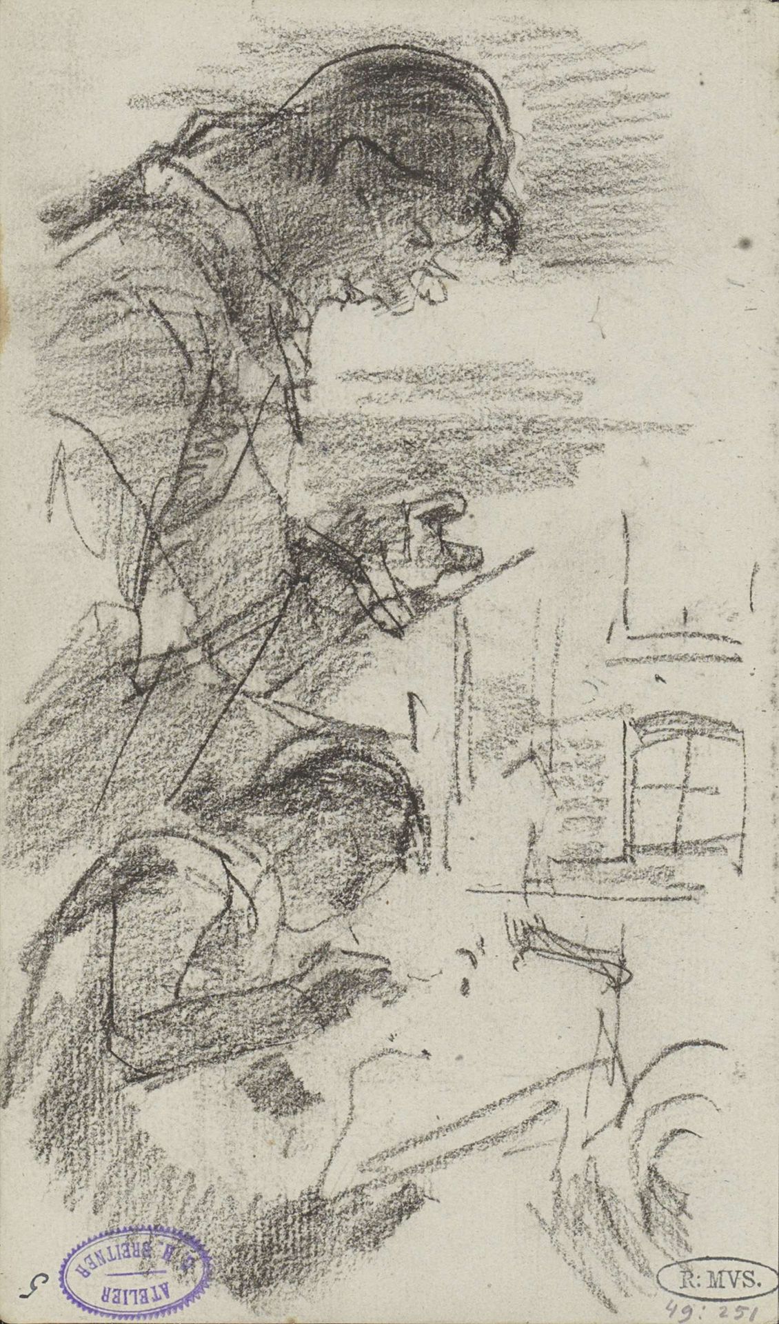 Gevel en twee studies van een naaiende vrouw by George Hendrik Breitner