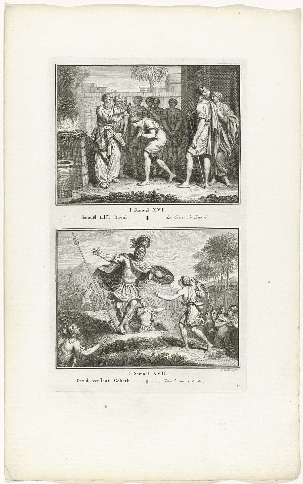 Samuel zalft David en David verslaat Goliath by Jacob Folkema