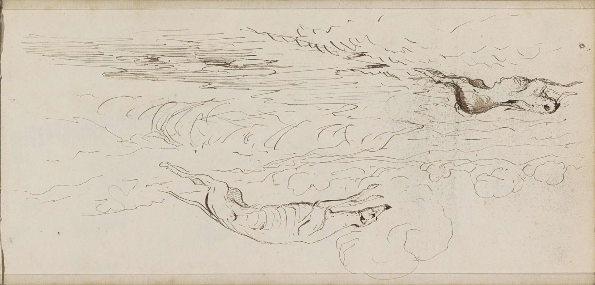 Landschap met wolkenlucht, een hond en een haas by Johannes Tavenraat