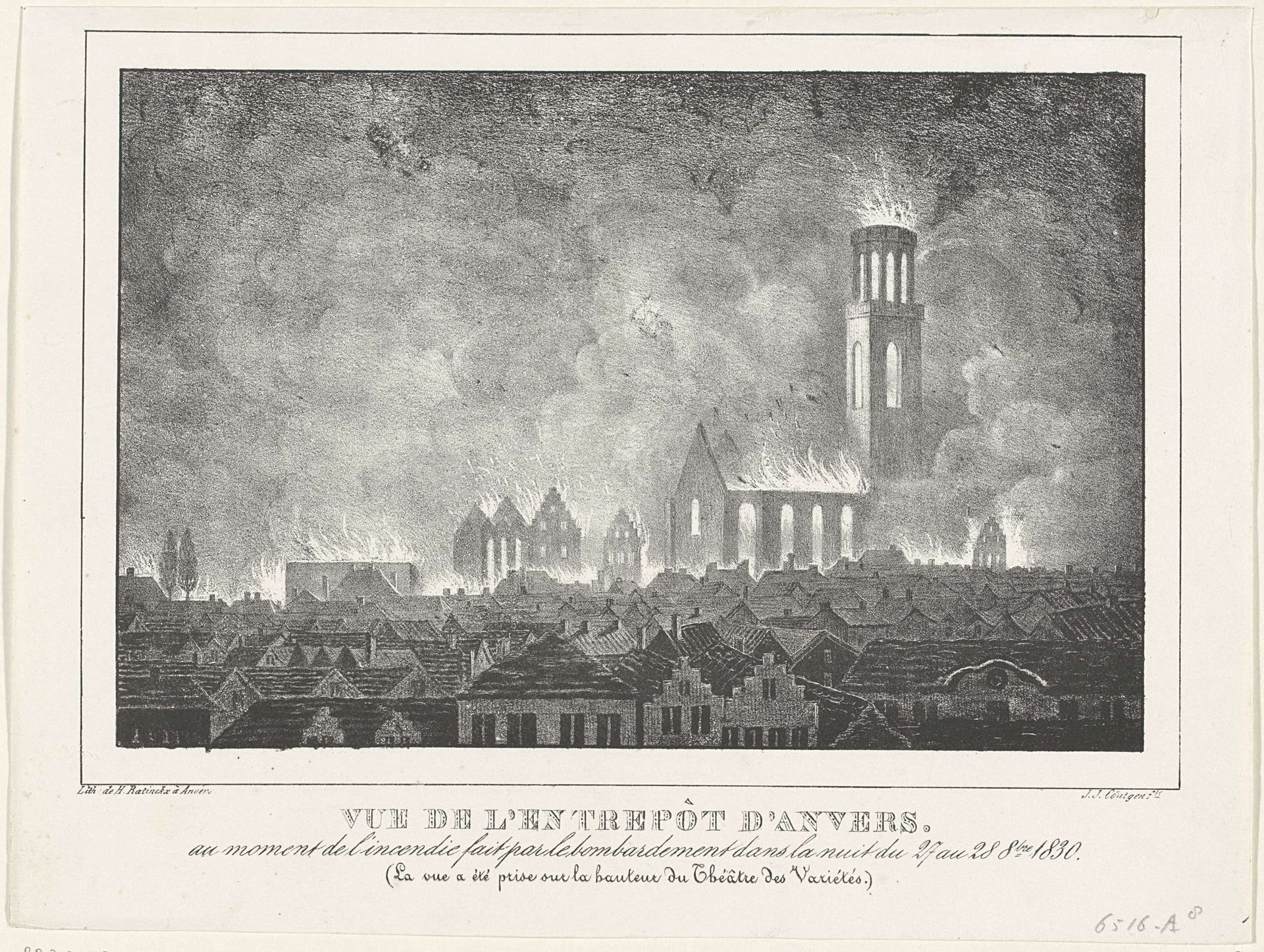 Entrepot in brand, 1830 by J.J. Cöntgen