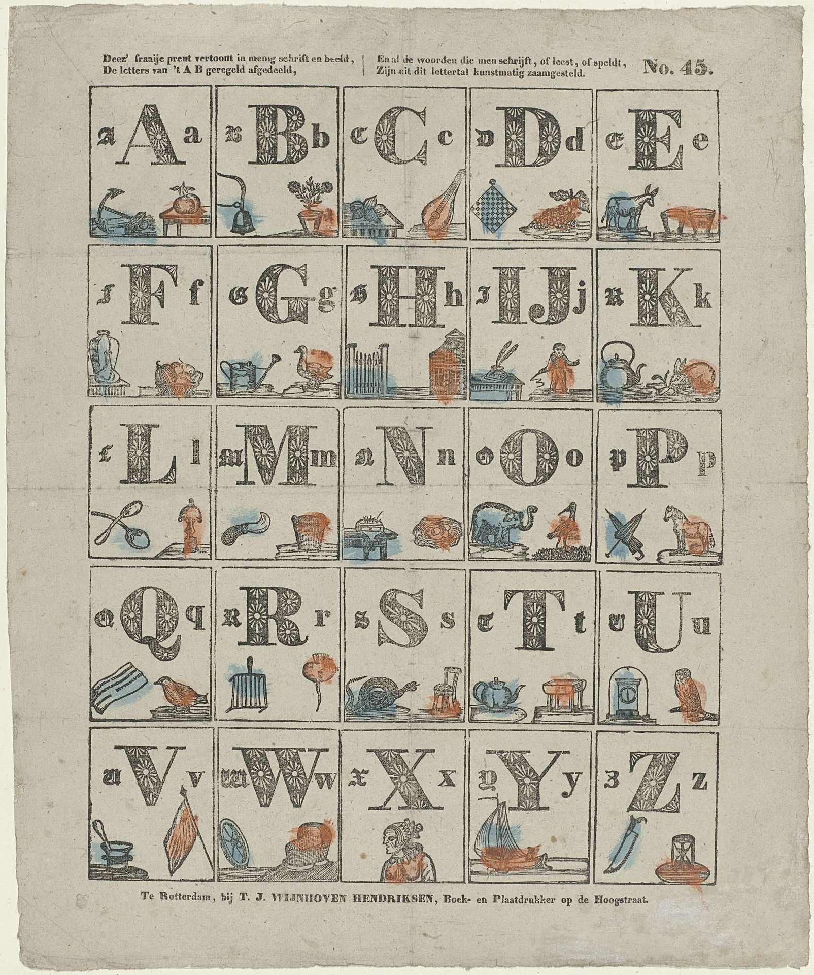Deez' fraaije prent vertoont in menig schrift en beeld, / De letters van 't A B geregeld afgedeeld, / En al de woorden die men schrijft, of leest, of speldt, / Zijn uit dit lettertal kunstmatig zaamgesteld by Theodorus Johannes Wijnhoven-Hendriksen