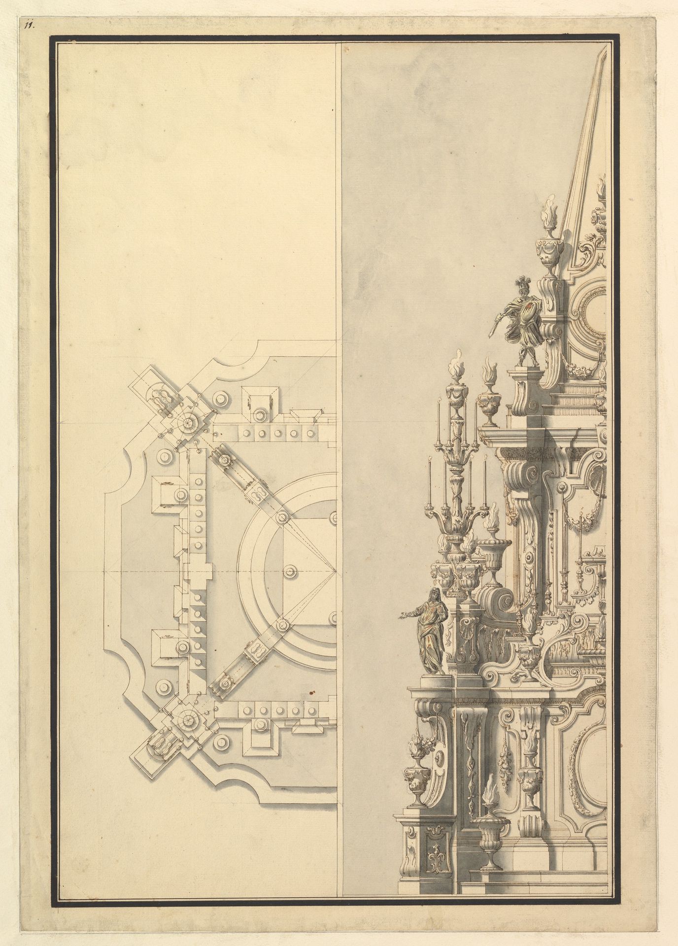 Half Plan and Half Elevation for a Catafalque for Margarita Louisa, Gran Duchess of Tuscany (d. 1721) by Giuseppe Galli Bibiena