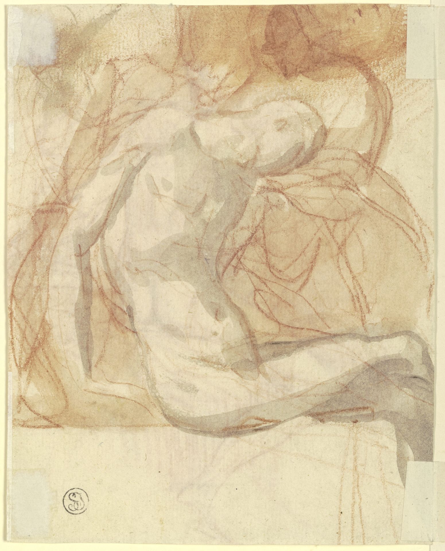 Zusammengesunken sitzender männlicher Akt nach rechts, mit wenigstens einer Assistenzfigur by Parmigianino
