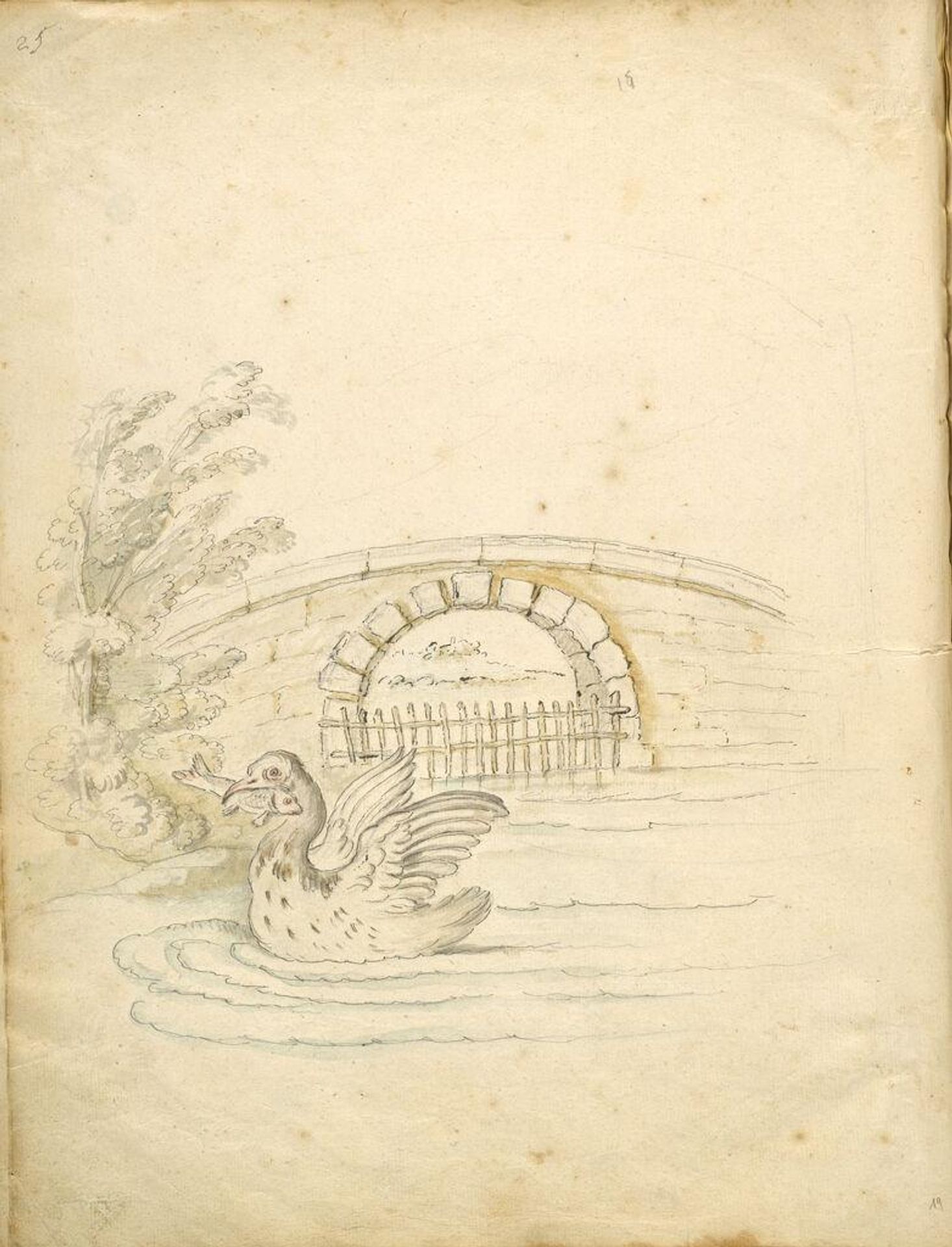 Folio recto: Blank; verso: Swan Transporting a Fish in a Landsape by Jean-Baptiste Oudry