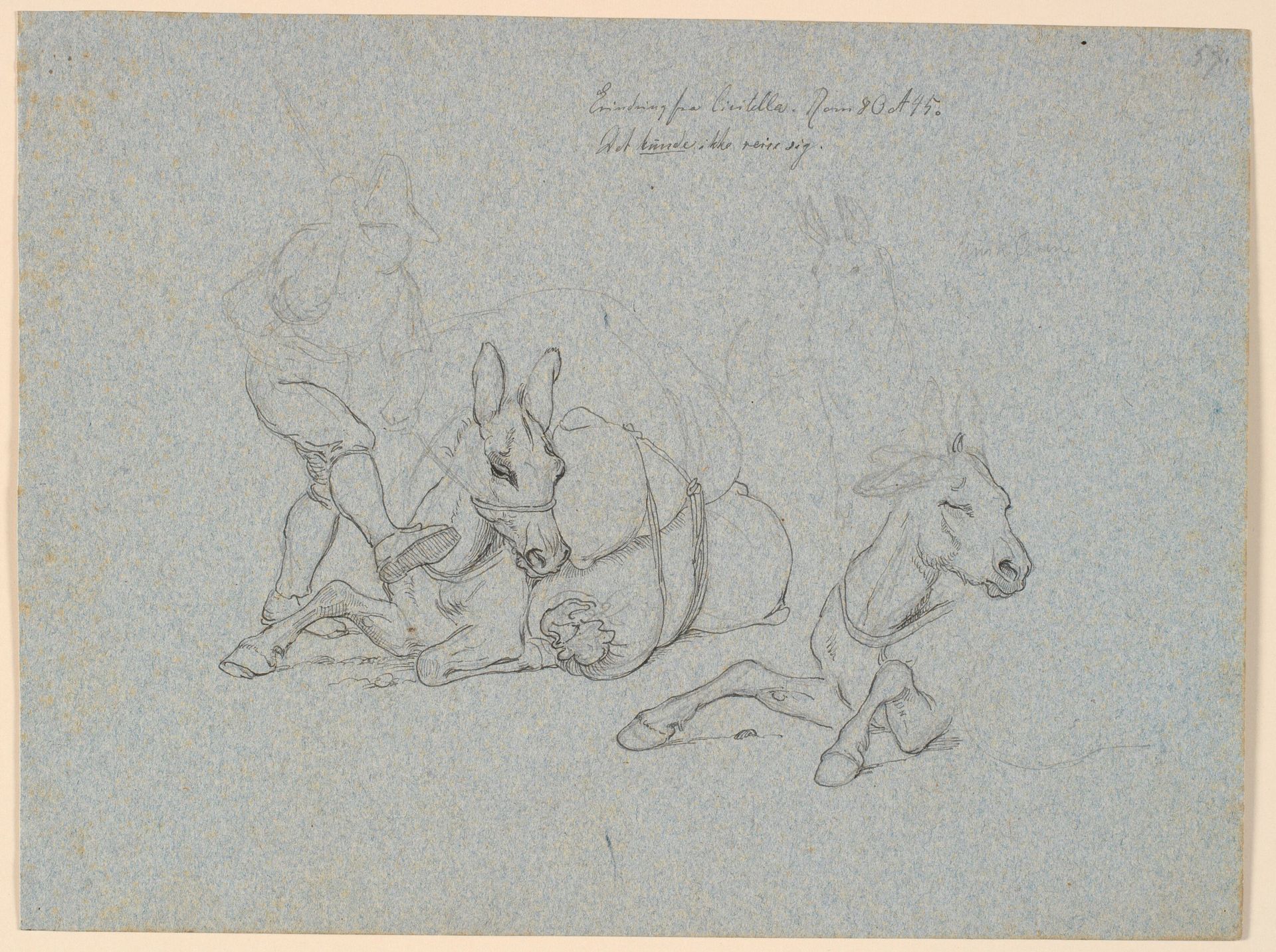 Liggende æsel, der piskes og sparkes af en fører. T.h. to studier af et liggende og et stående æsel by Johan Thomas Lundbye