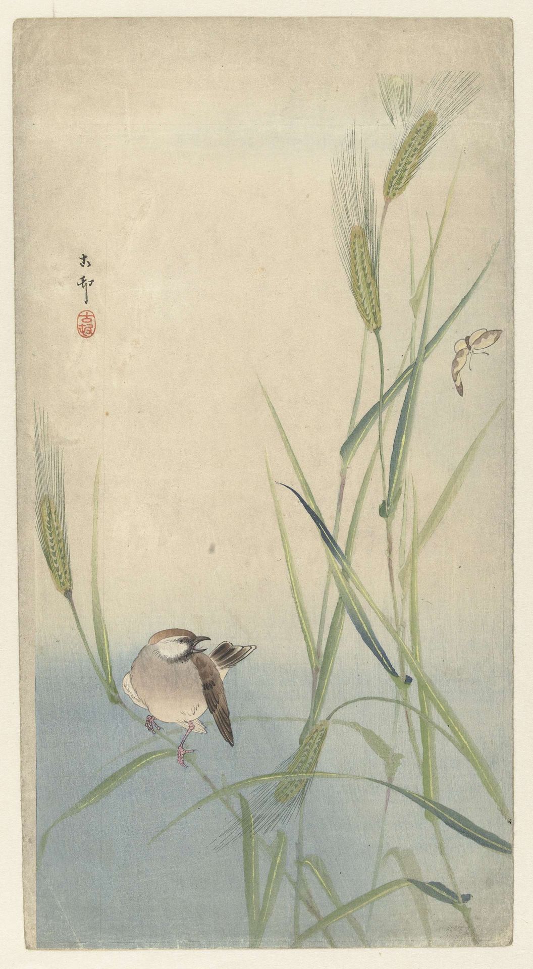 Vogel en vlinder by Ohara Koson