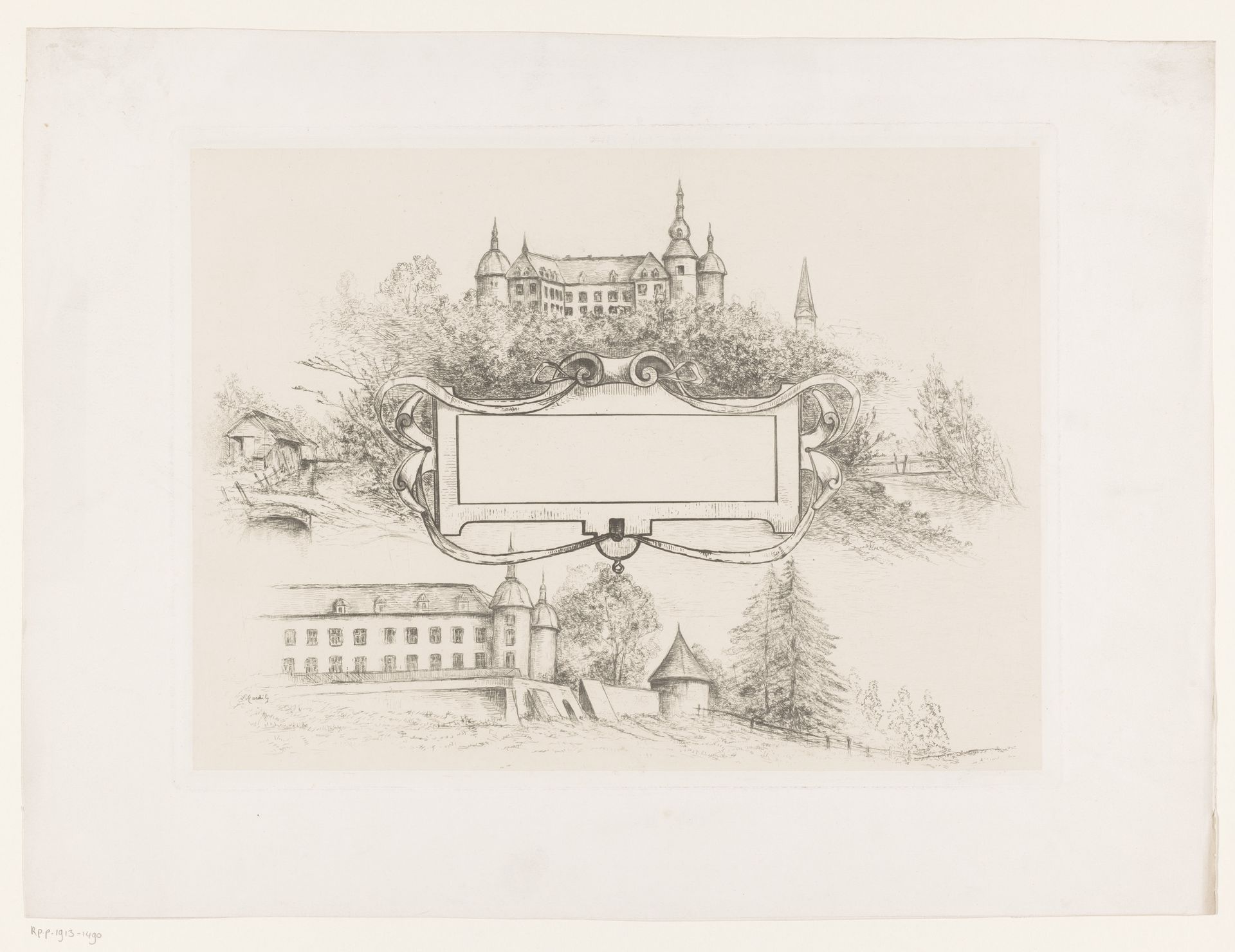 Ontwerp voor een titelblad met twee gezichten op een kasteel by Louise Marsily