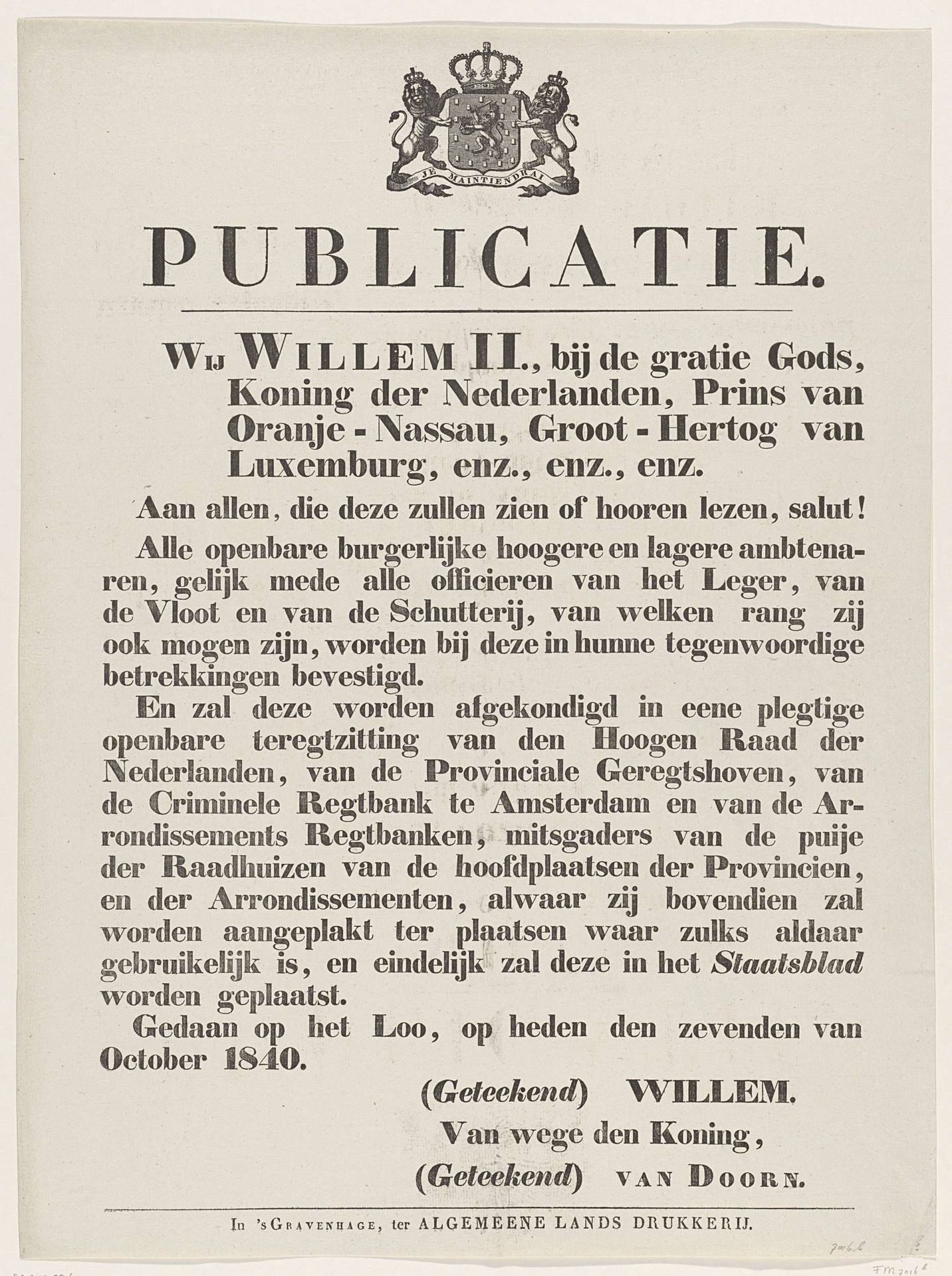 Proclamatie van Willem II, in verband met de abdicatie van zijn vader, 1840 by Algemeene Landsdrukkerij