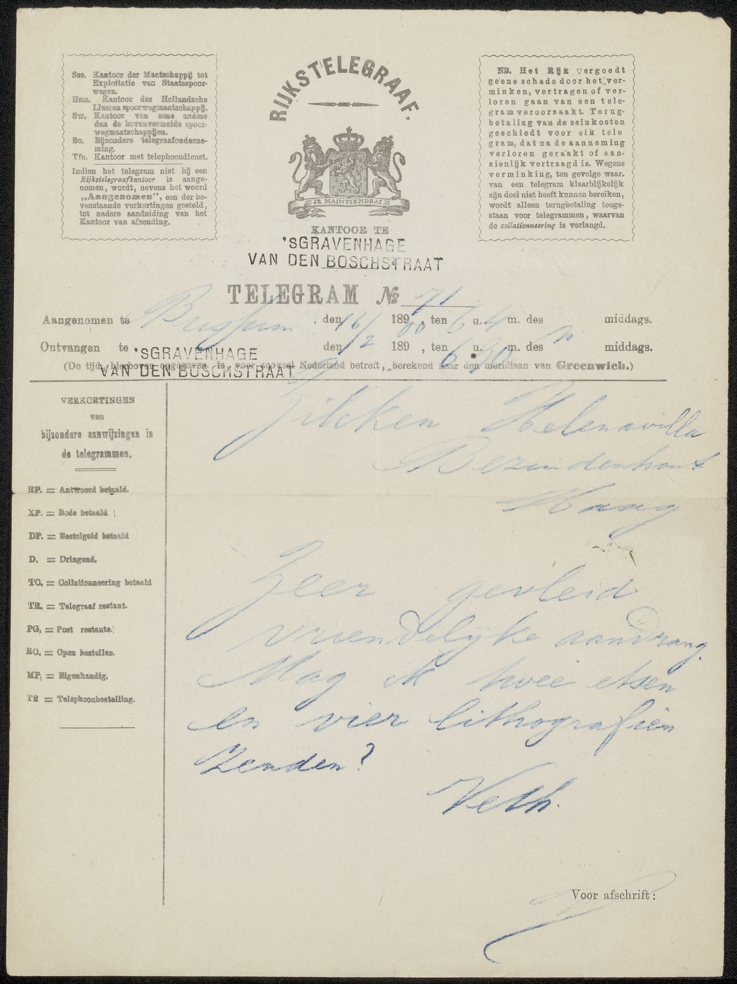 Telegram aan Philip Zilcken by Jan Veth