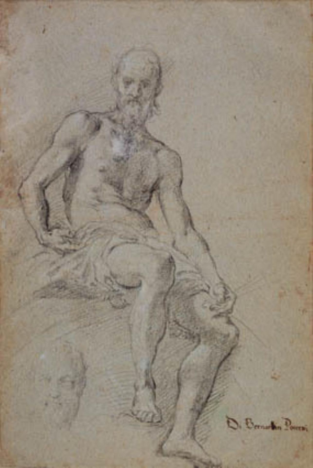 Seated man half naked; at the lower right a faint study for his head by Bernardino Poccetti