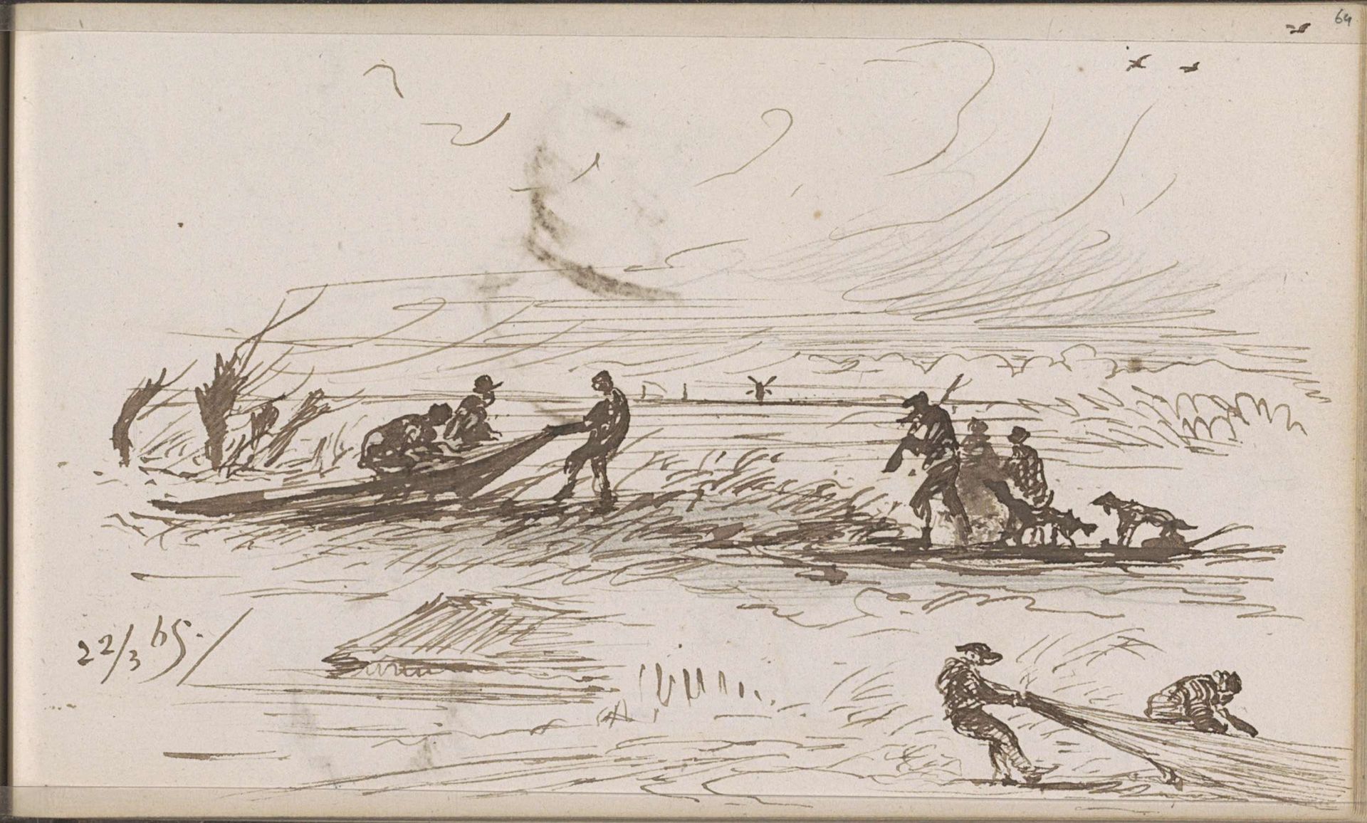 Landschap met figuren die een roeiboot de waterkant op trekken by Johannes Tavenraat