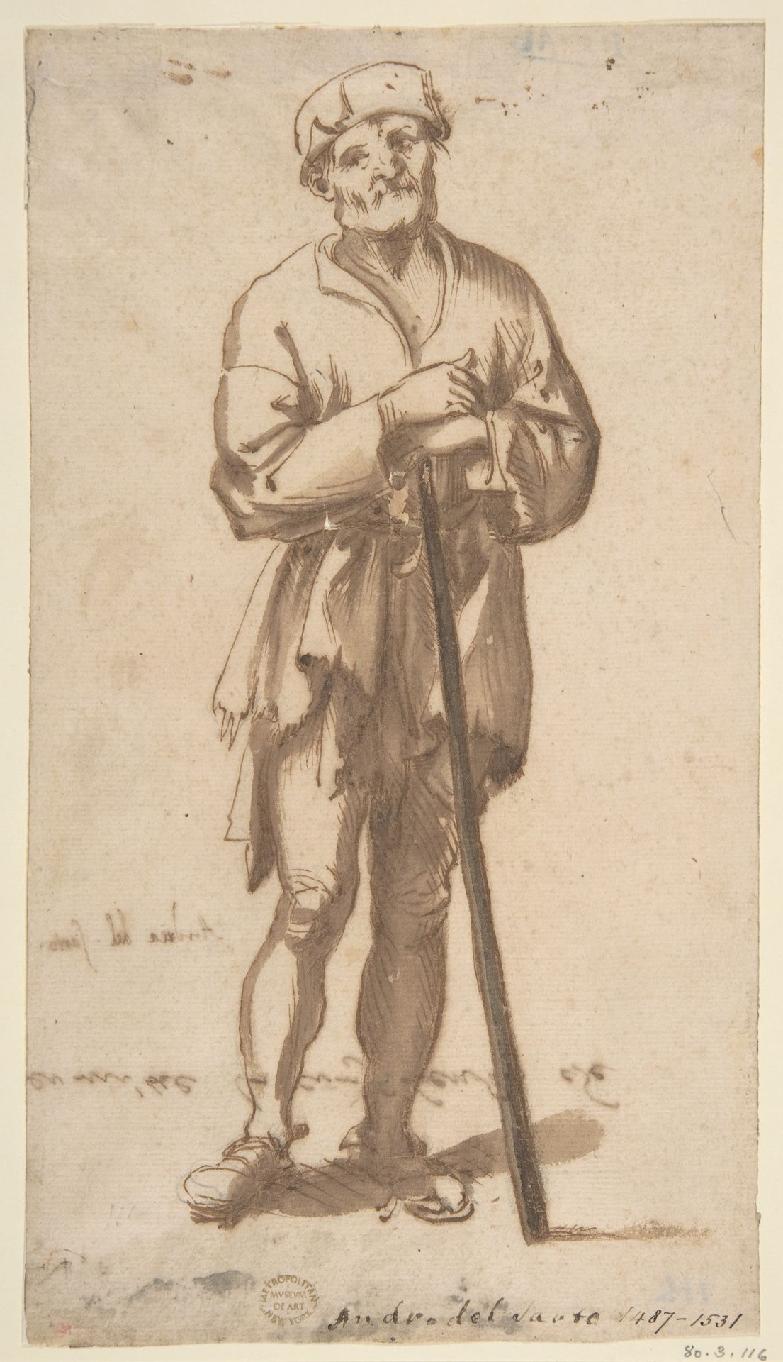 Standing Old Man in Frontal View Leaning On a Staff by Anonymous