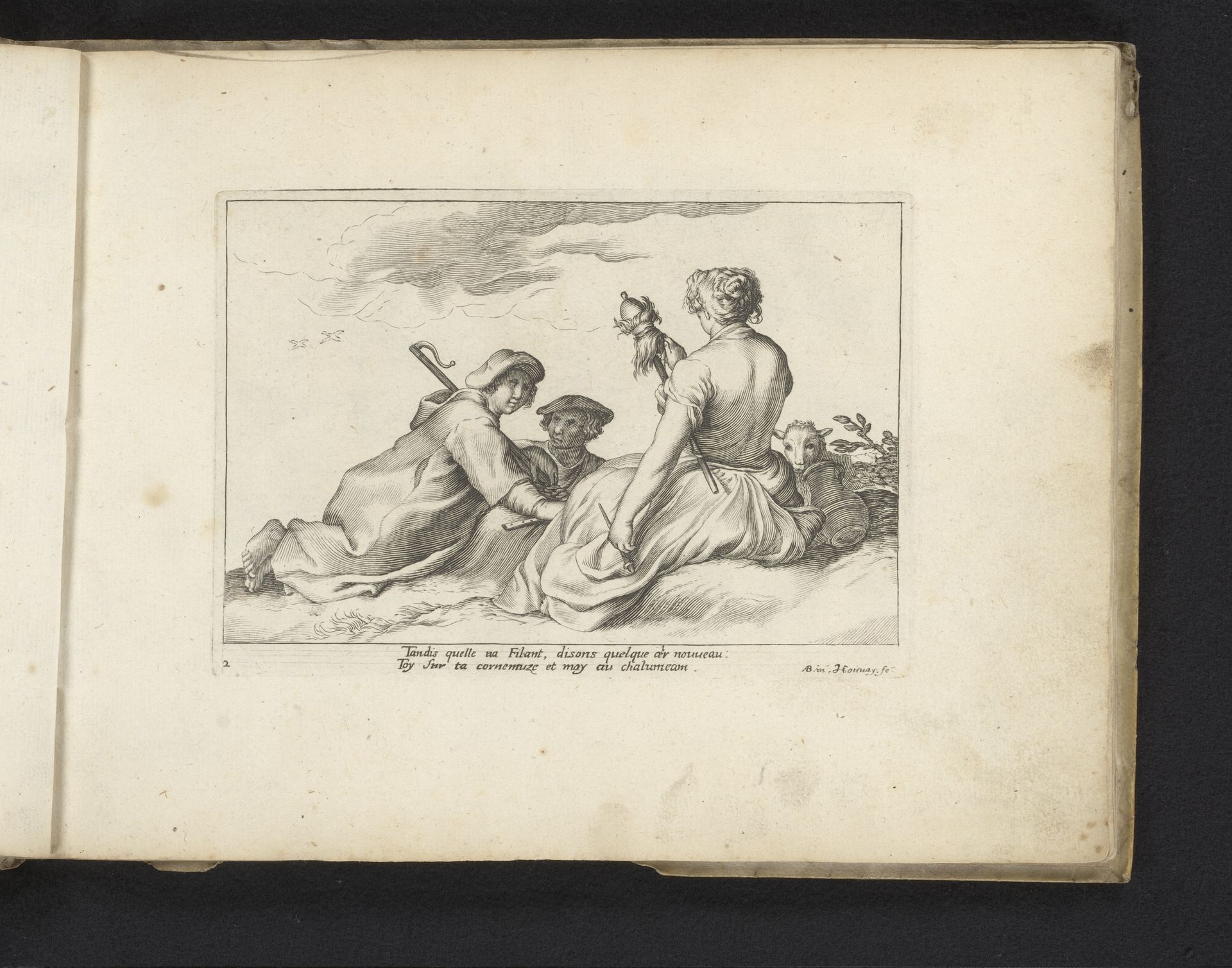 Herderin met spinrok en twee herders by Jean Couvay