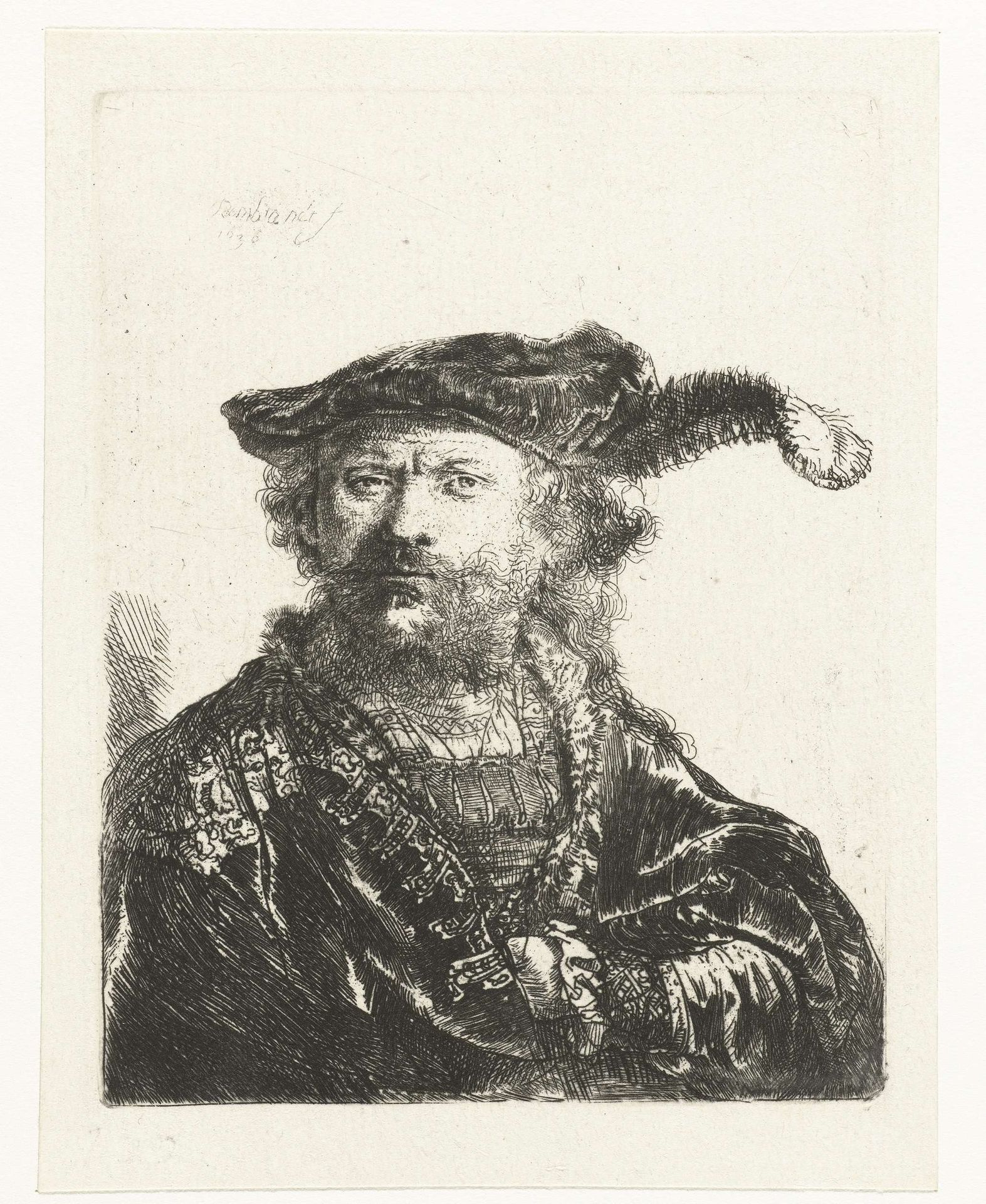 Self-portrait in a velvet cap with plume by Rembrandt van Rijn