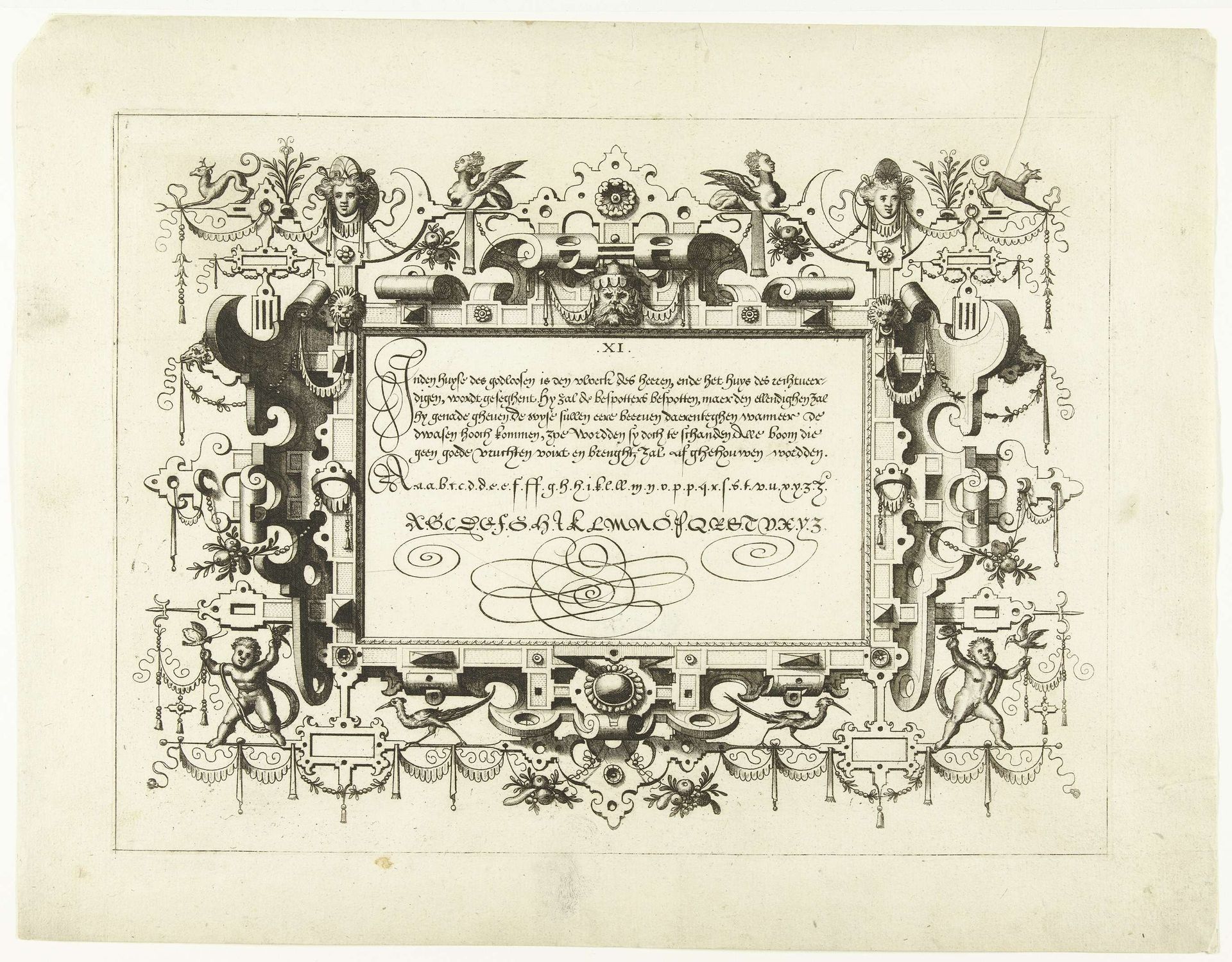 Cartouche met kalligrafie, linksonder een kind met twee insecten by Johannes of Lucas van Doetechum