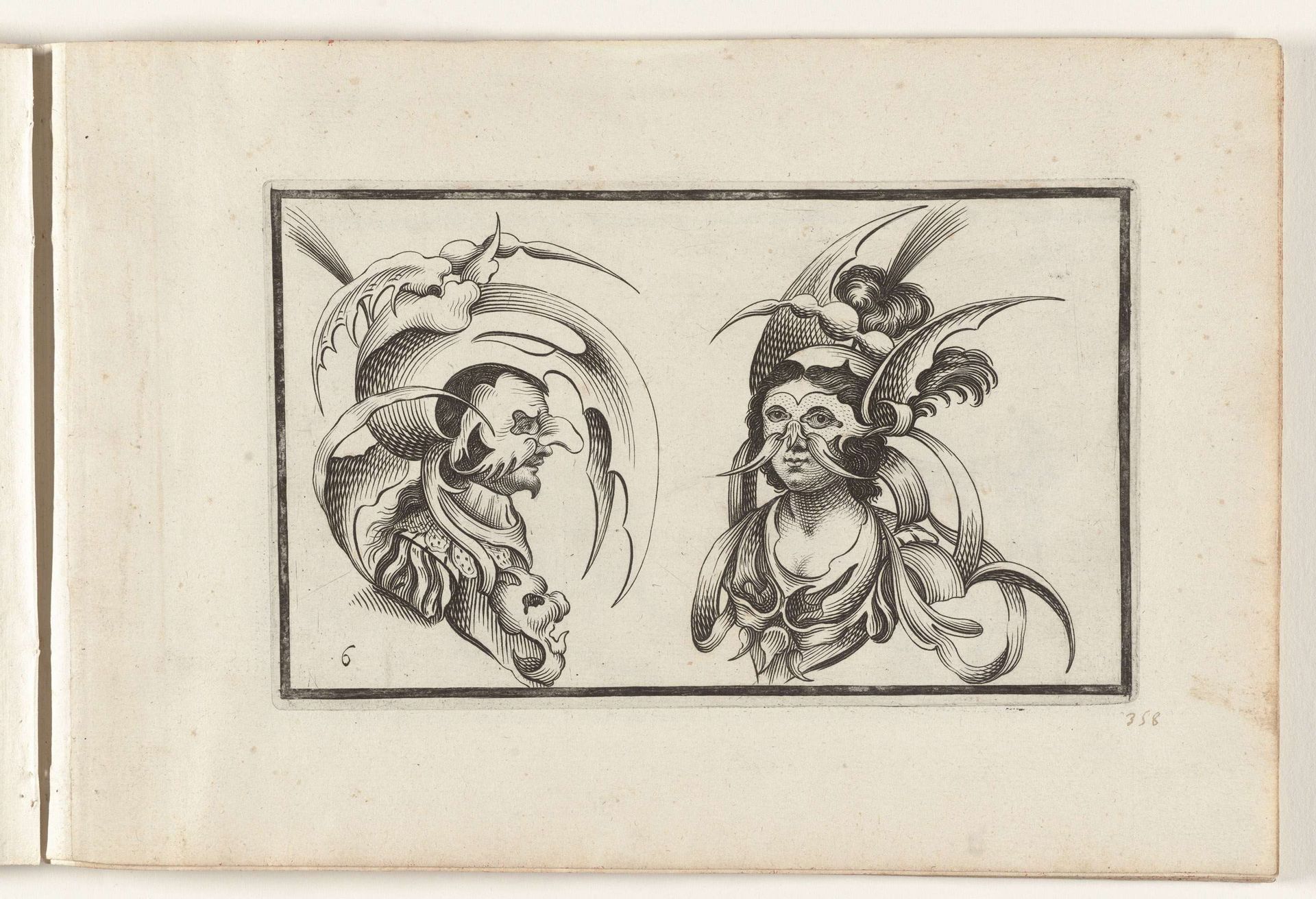 Mannen- en vrouwenkop met groteske hoeden en kragen by Denis Boutemie
