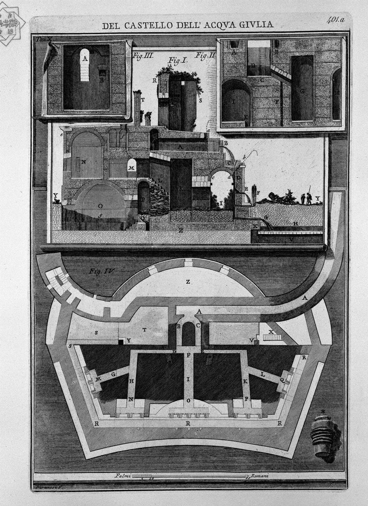 Plan and vertical sections of the castle by Giovanni Battista Piranesi
