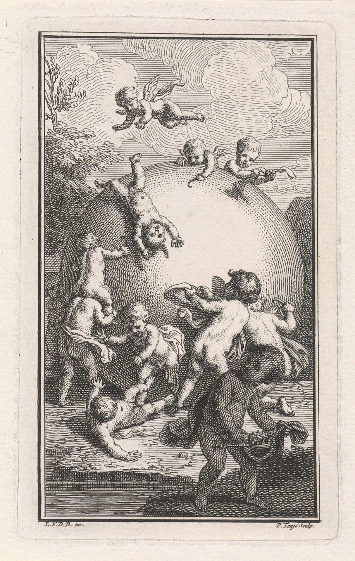 Putti spelend op een wereldbol by Pieter Tanjé