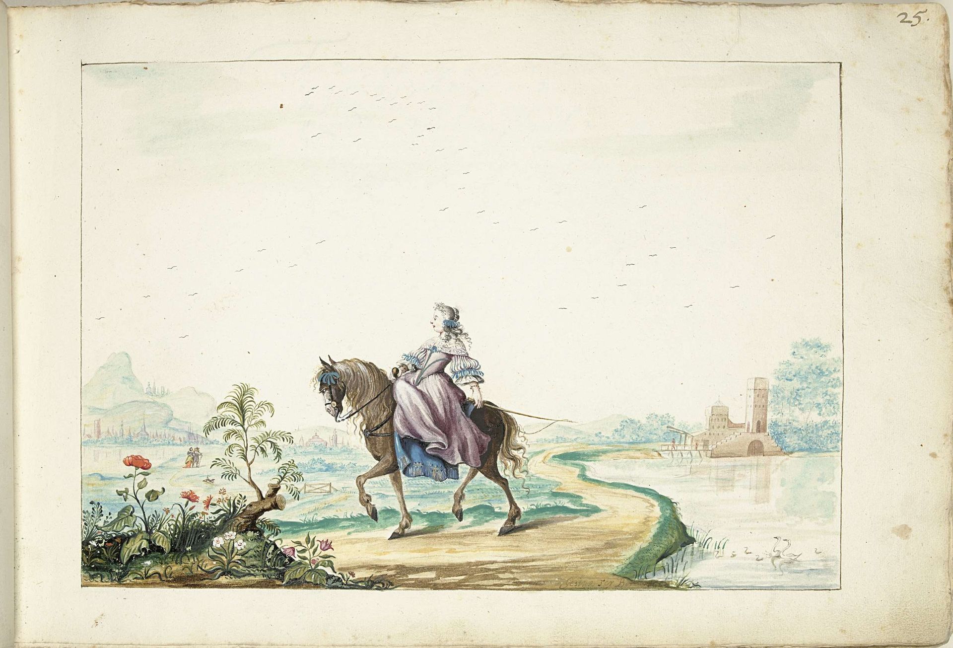 Vrouw te paard in een landschap by Gesina ter Borch