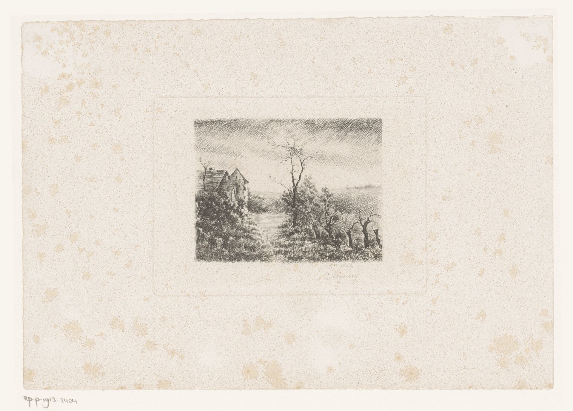 Landschap met kale bomen bij een gebouw by Ch. Perrin