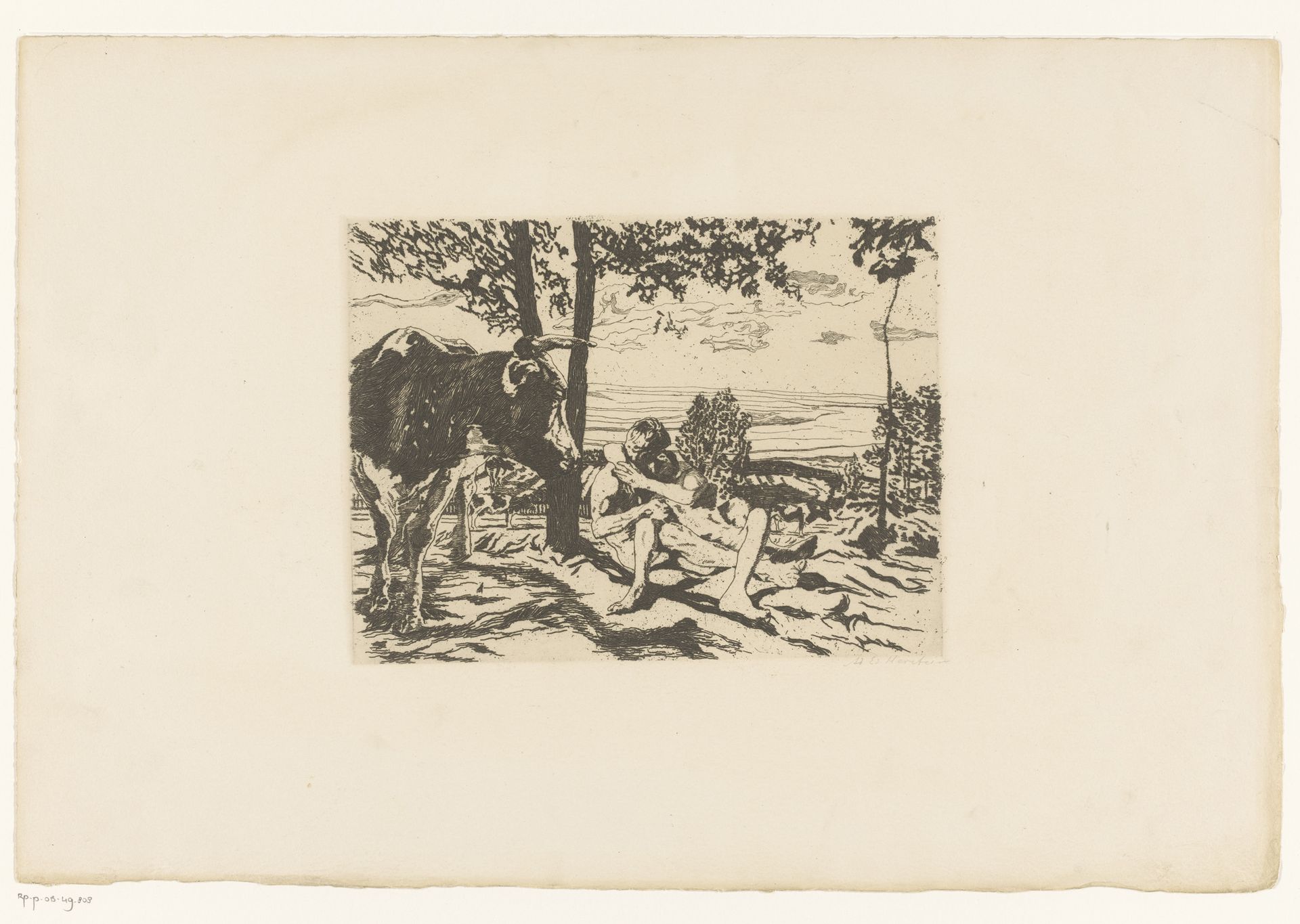 Naakt paar onder een boom bekeken door een rund by Adolf Eduard Herstein